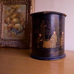 19th Century European Black Lacquered Chinoserie Painted Tea/Tobacco Caddy Jar