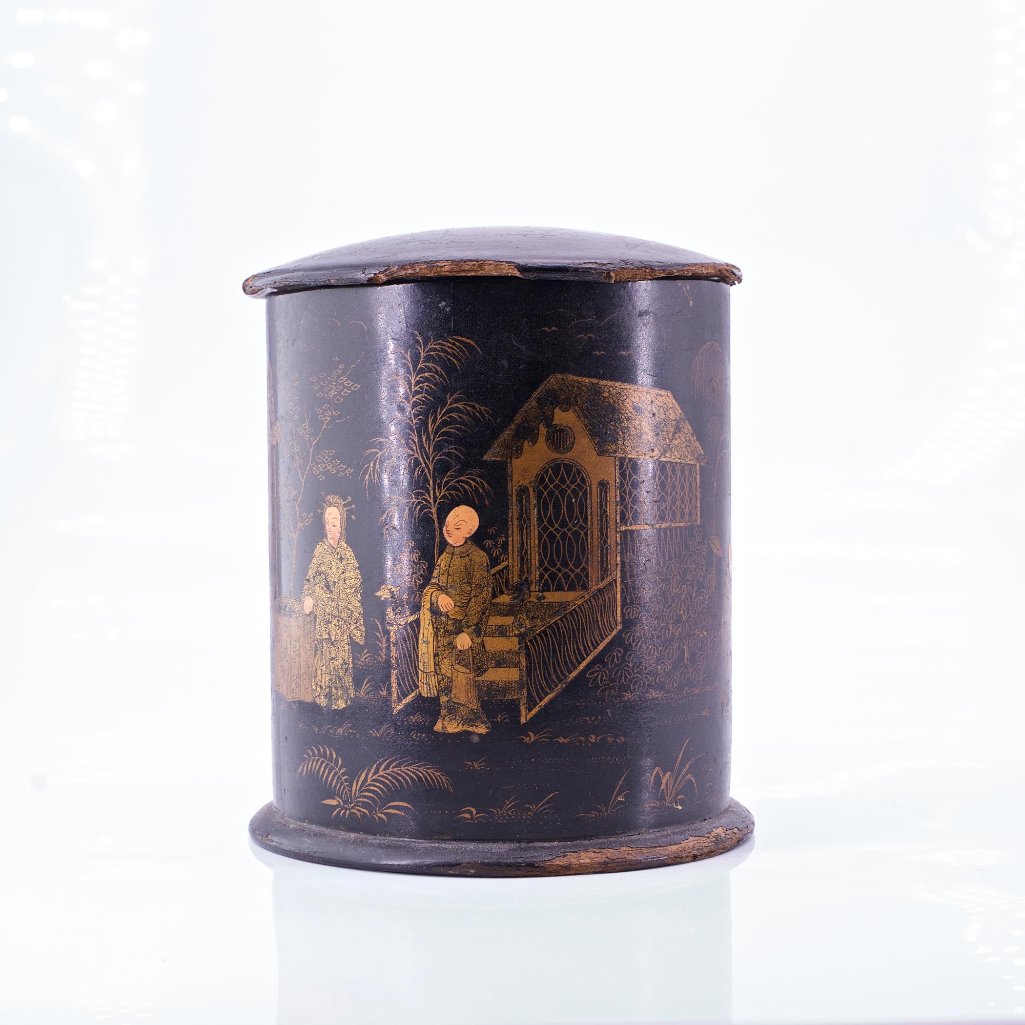 Aesthetic Movement 19th Century European Black Lacquered Chinoserie Painted Tea/Tobacco Caddy Jar For Sale