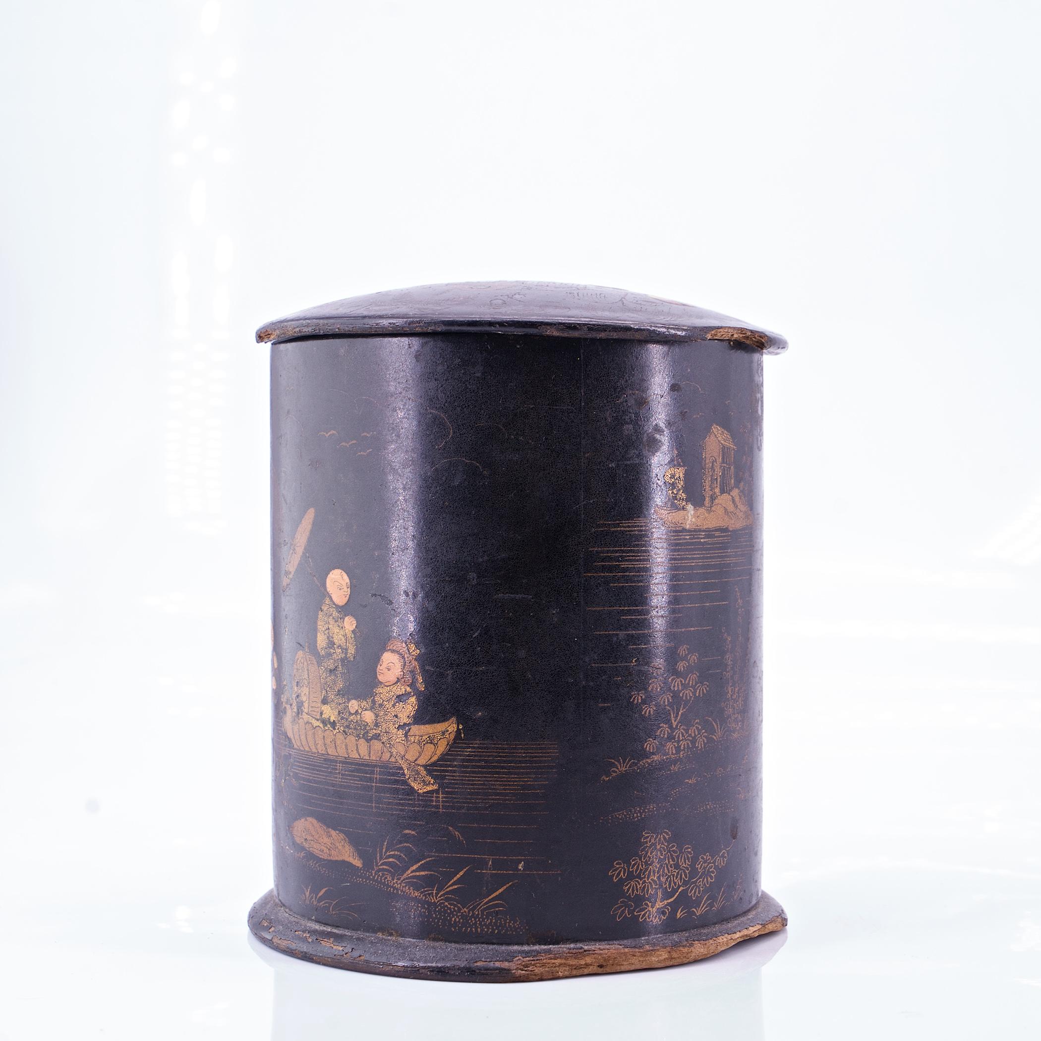 English 19th Century European Black Lacquered Chinoserie Painted Tea/Tobacco Caddy Jar For Sale