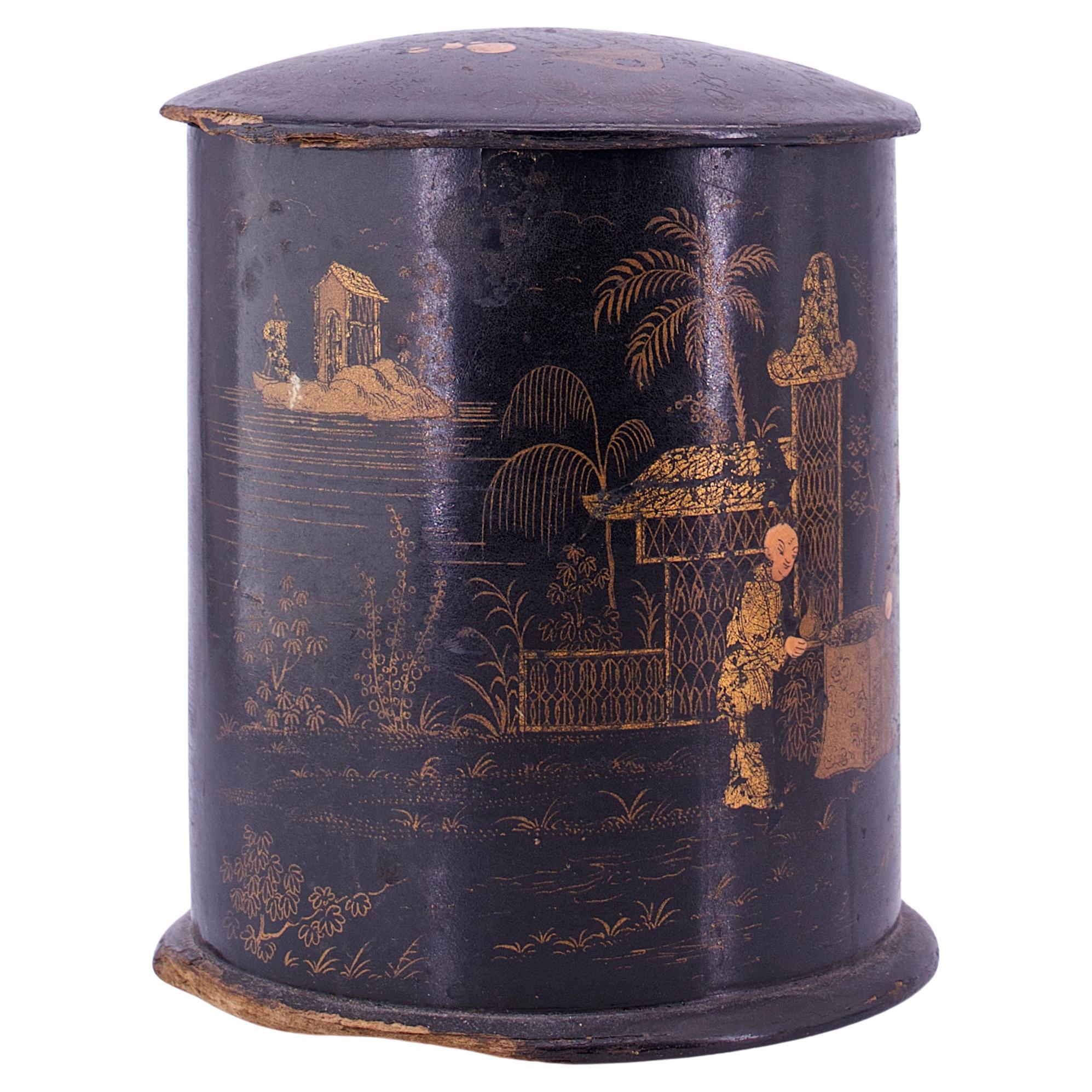 19th Century European Black Lacquered Chinoserie Painted Tea/Tobacco Caddy Jar For Sale