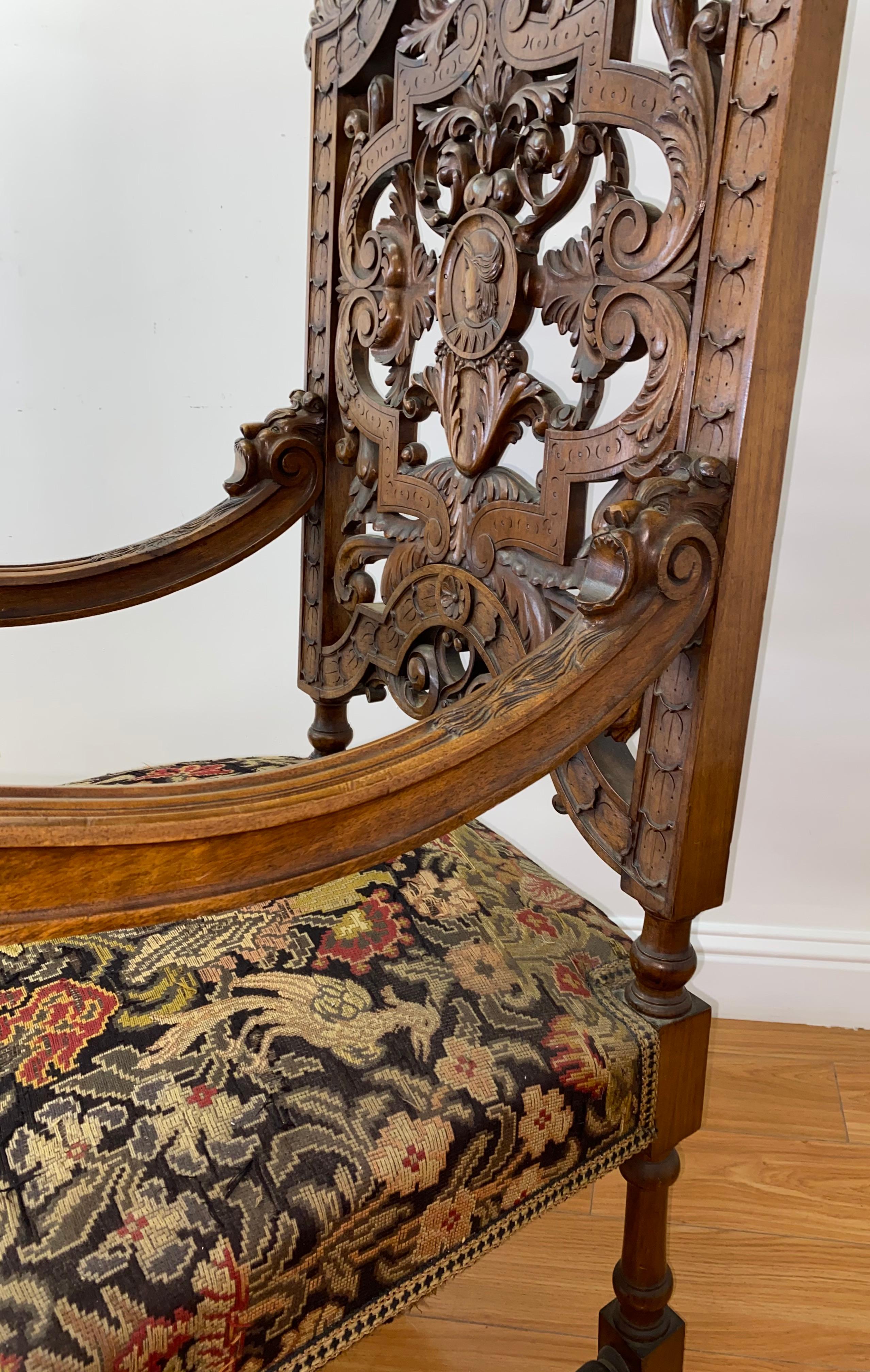 19th Century European Carved Walnut Arm Chair with Tapestry Upholstery 5