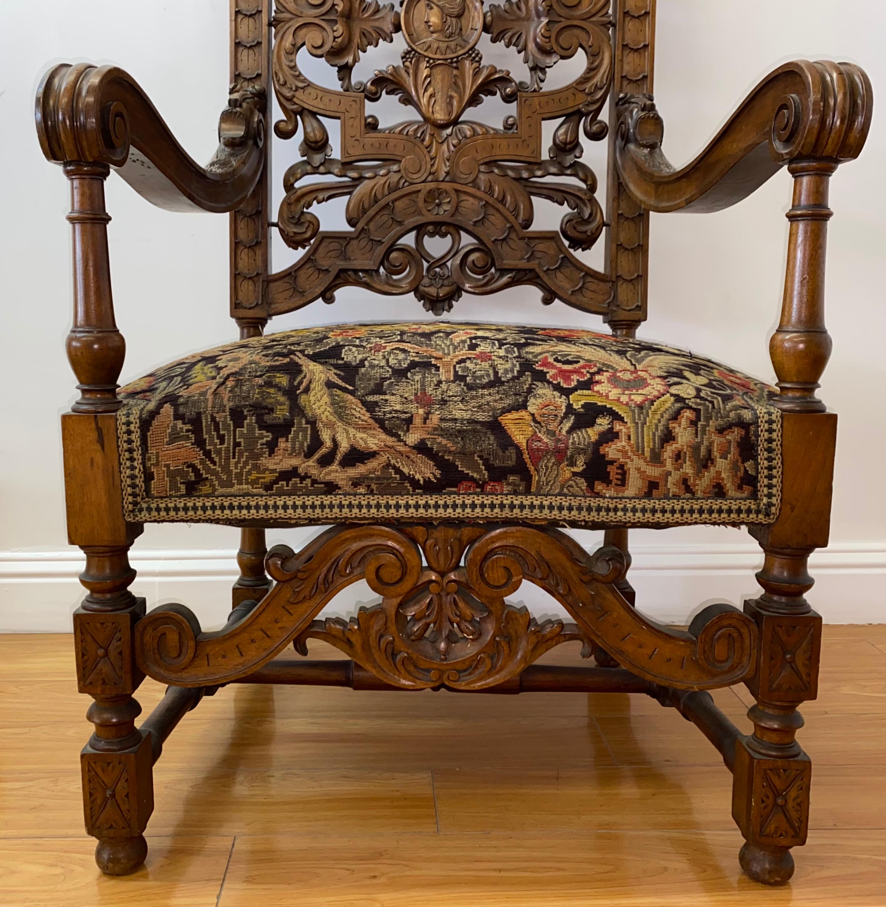 19th Century European Carved Walnut Arm Chair with Tapestry Upholstery 6