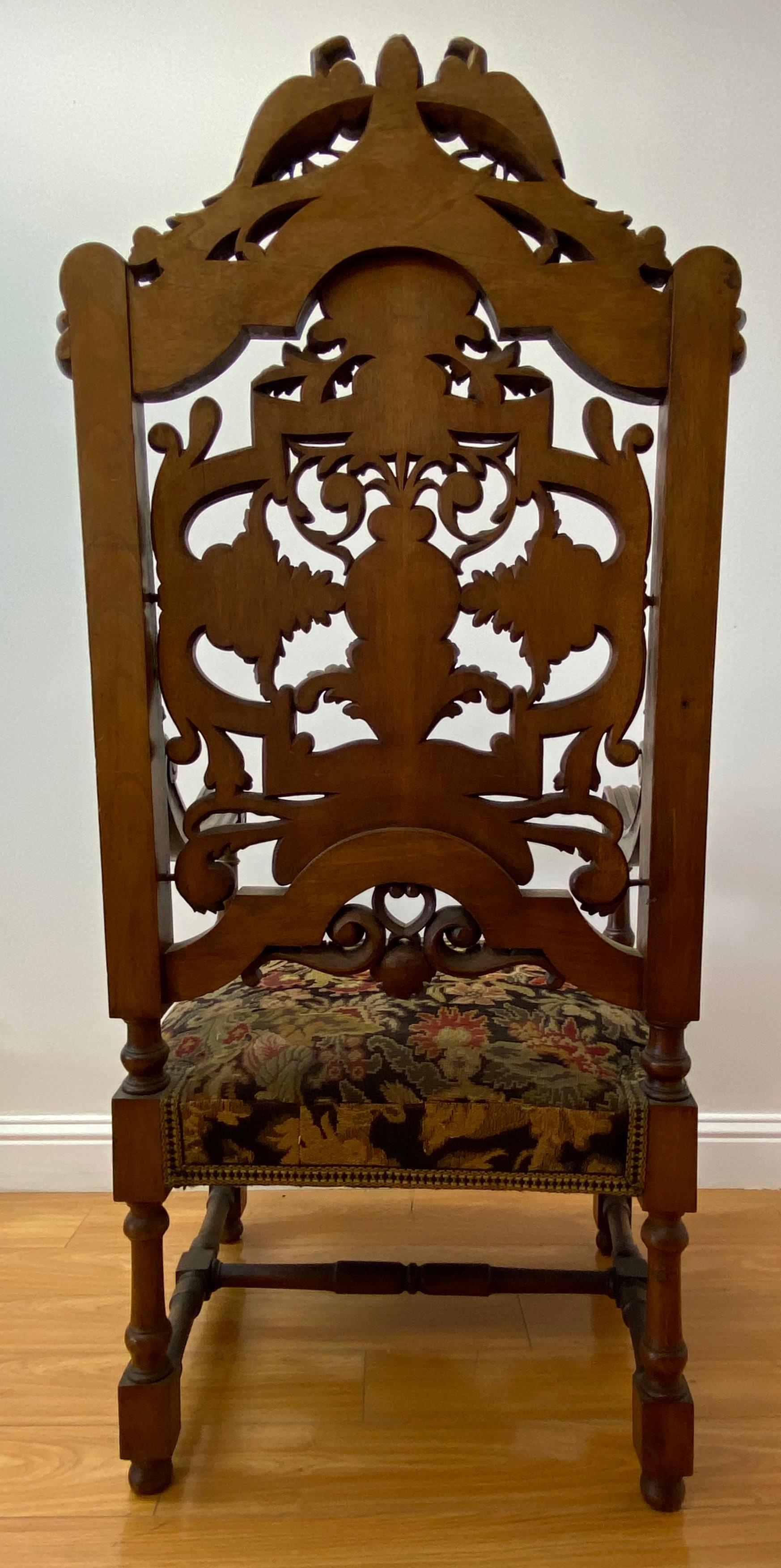 19th Century European Carved Walnut Arm Chair with Tapestry Upholstery 9