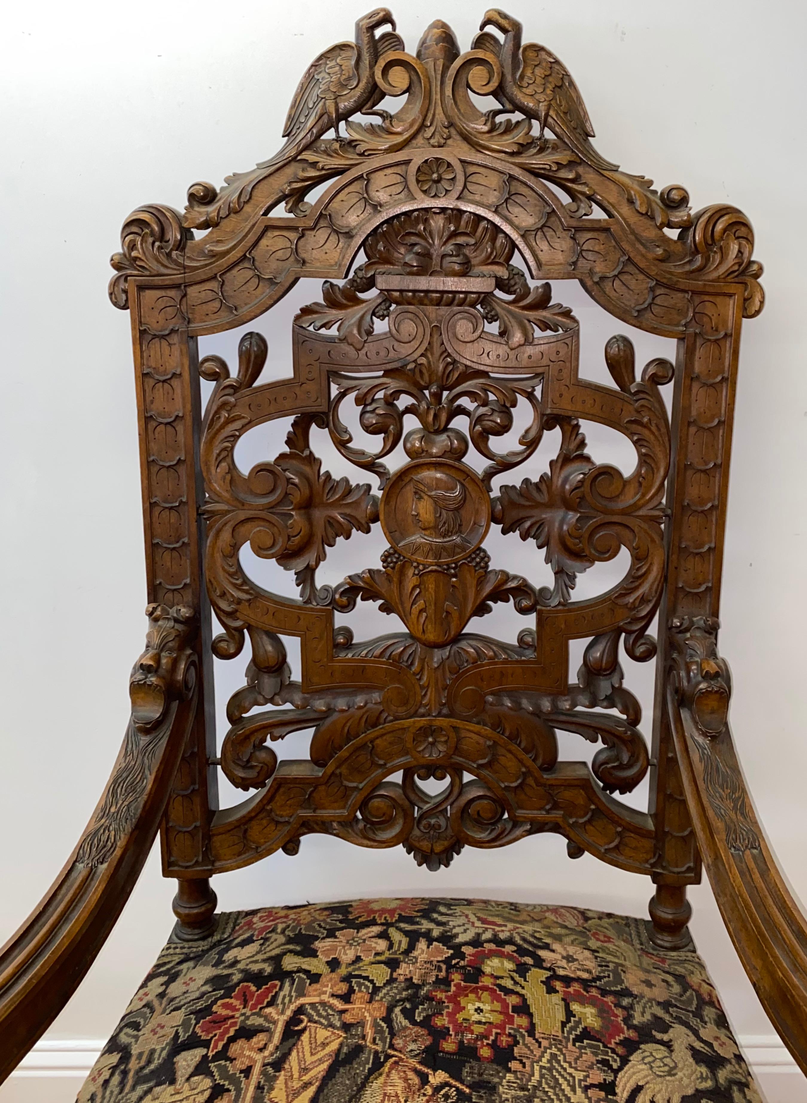 19th century European carved walnut arm chair with tapestry upholstery

Outstanding hand carved walnut chair

Measures: 27.25
