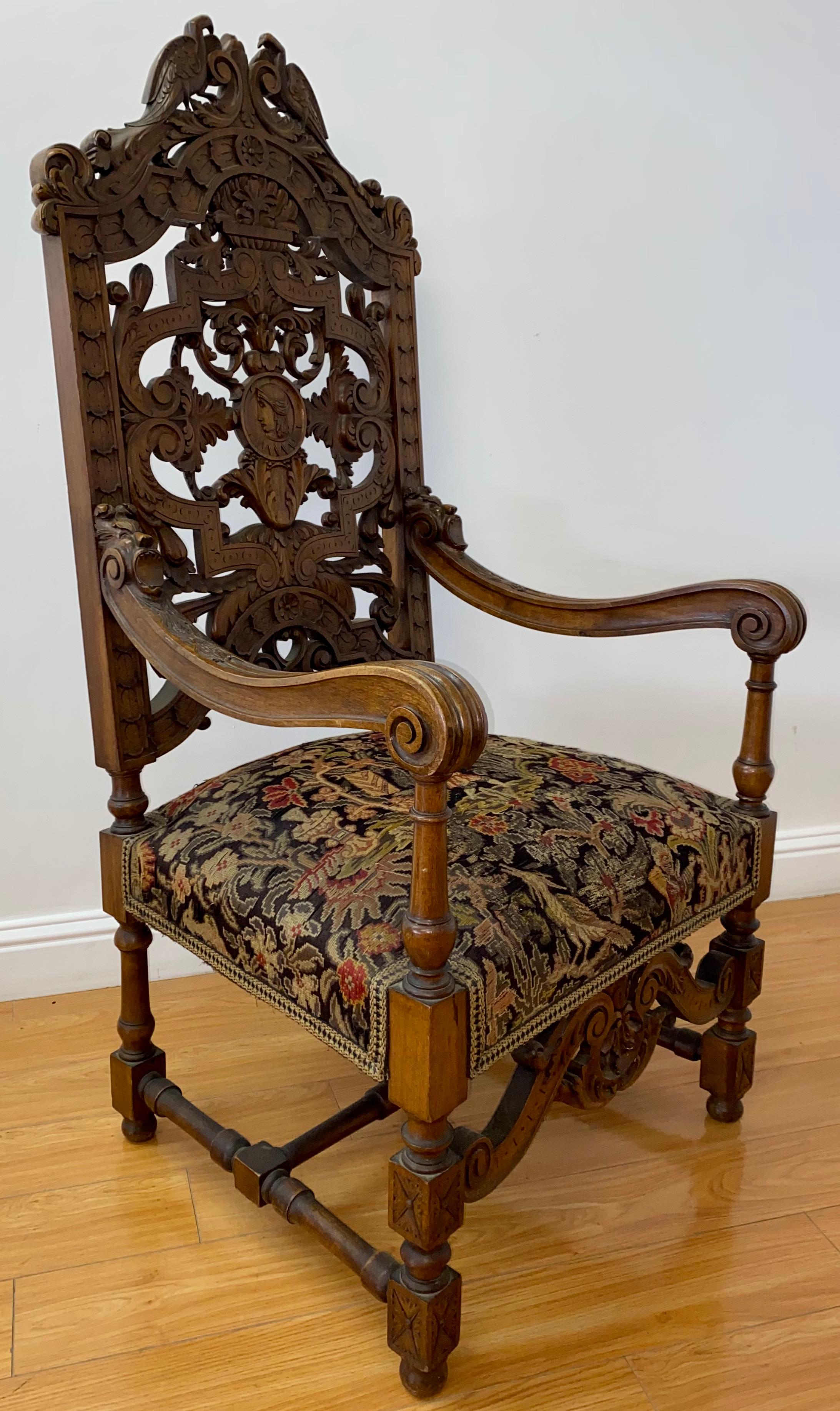 19th Century European Carved Walnut Arm Chair with Tapestry Upholstery 4