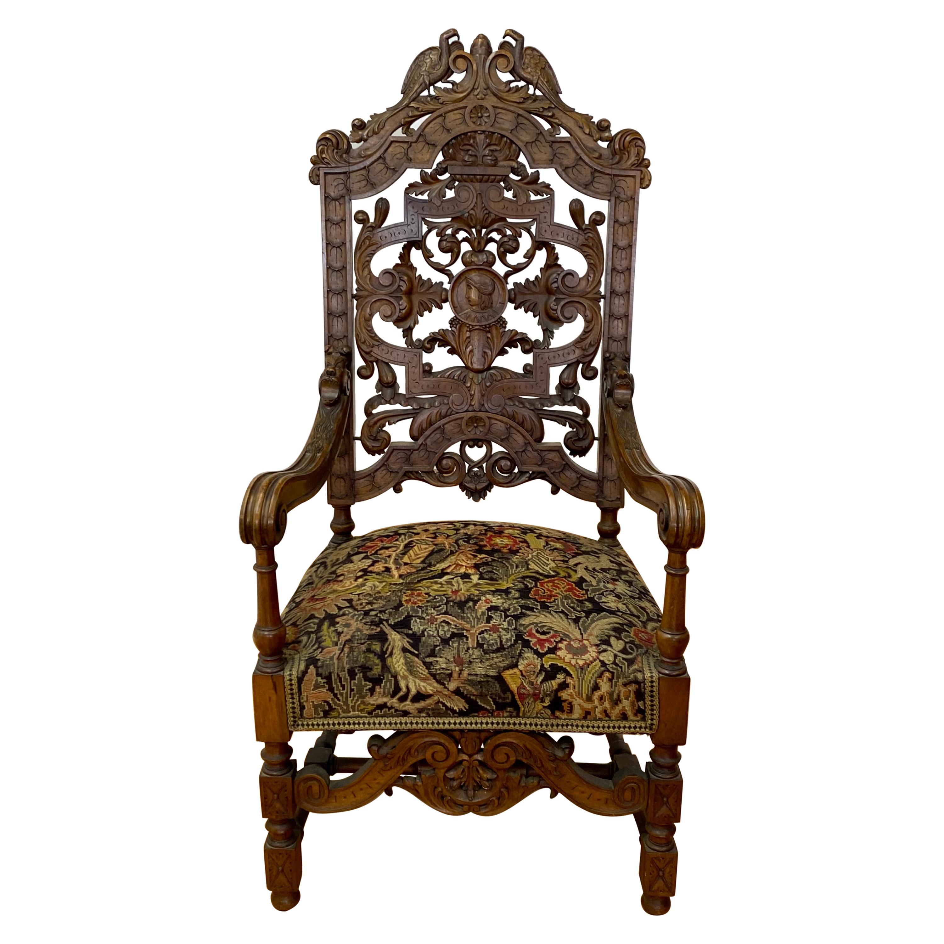 19th Century European Carved Walnut Arm Chair with Tapestry Upholstery