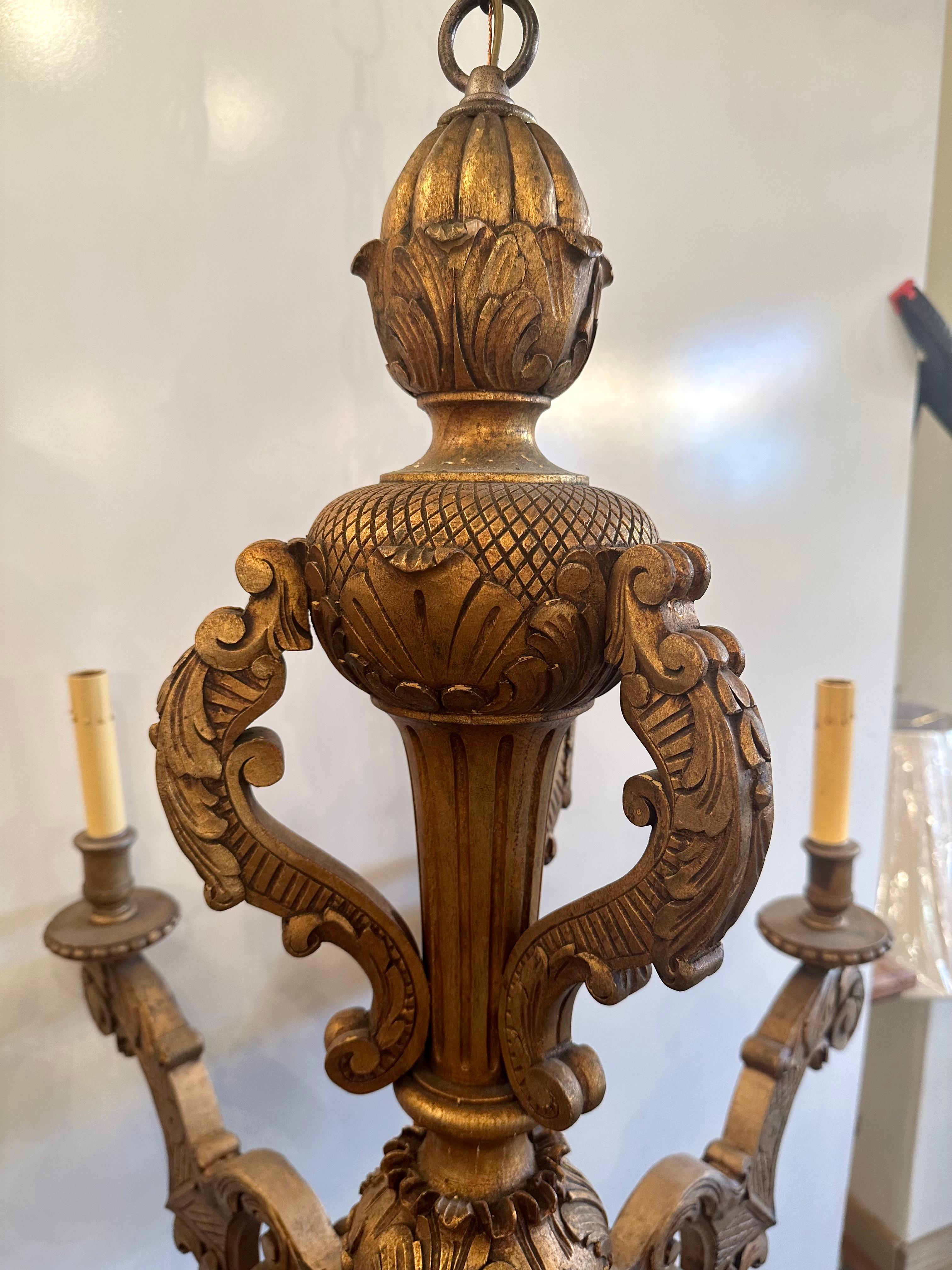 19th Century European Carved Wood Chandelier with Gilded Gold Original Finish  In Good Condition For Sale In Marshville, NC