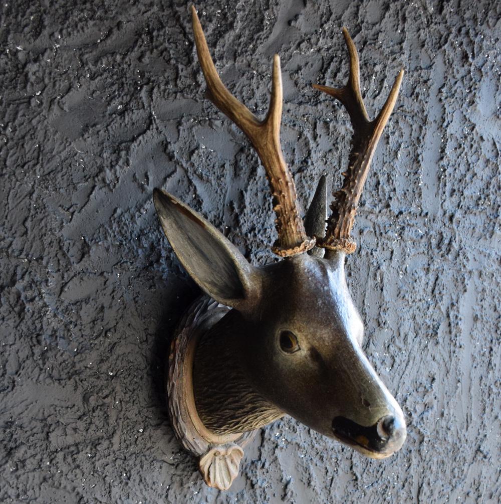 Hand-Carved 19th Century European Carved Wood Deer’s Trophy Head
