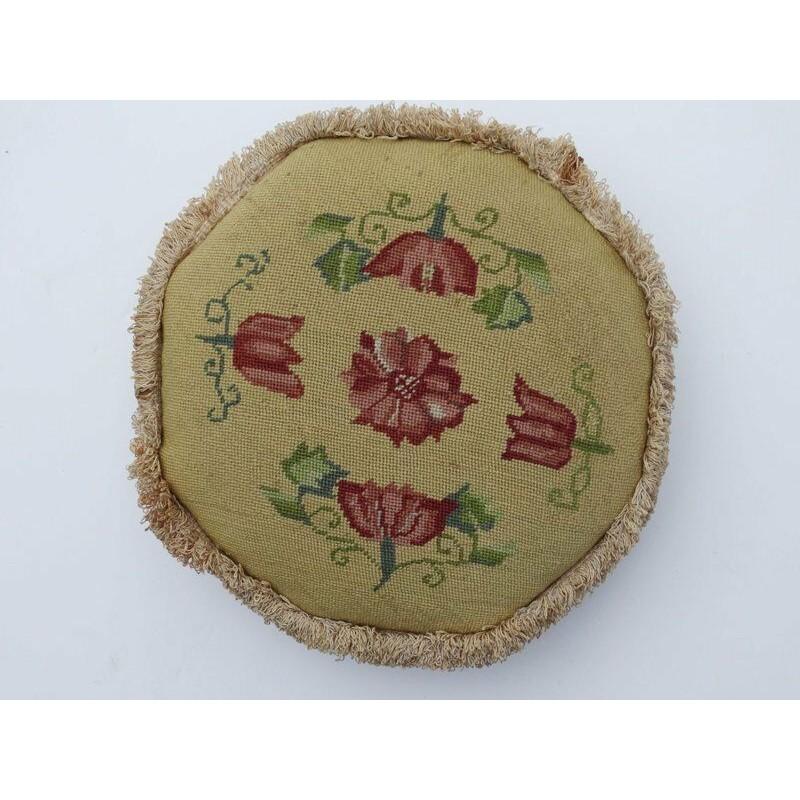 19th Century European Foot Stool Needlework Cover Bone Feet In Good Condition In Hallowell, US