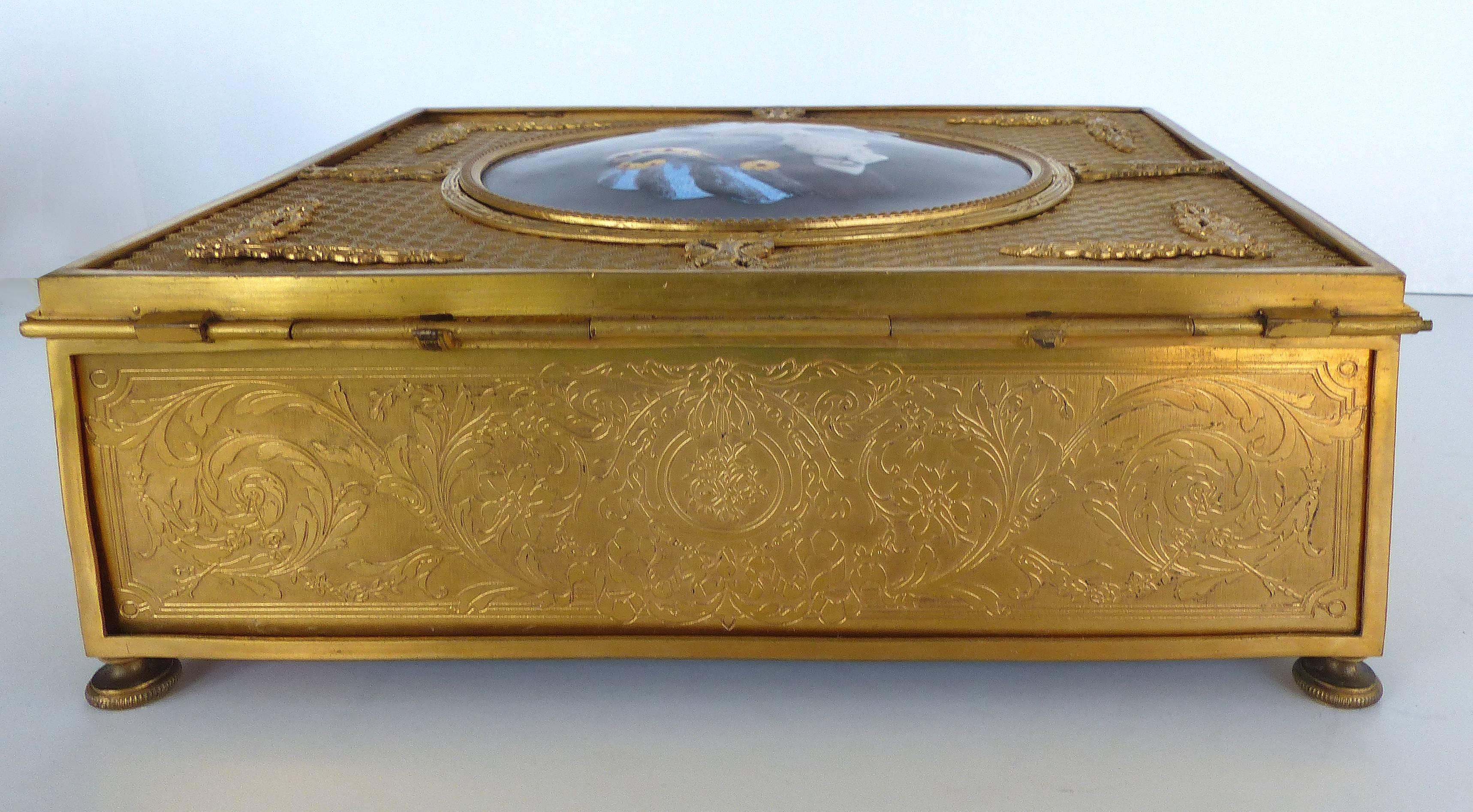 19th Century European Gilt Bronze Dresser Box with Enamel Plaque 3