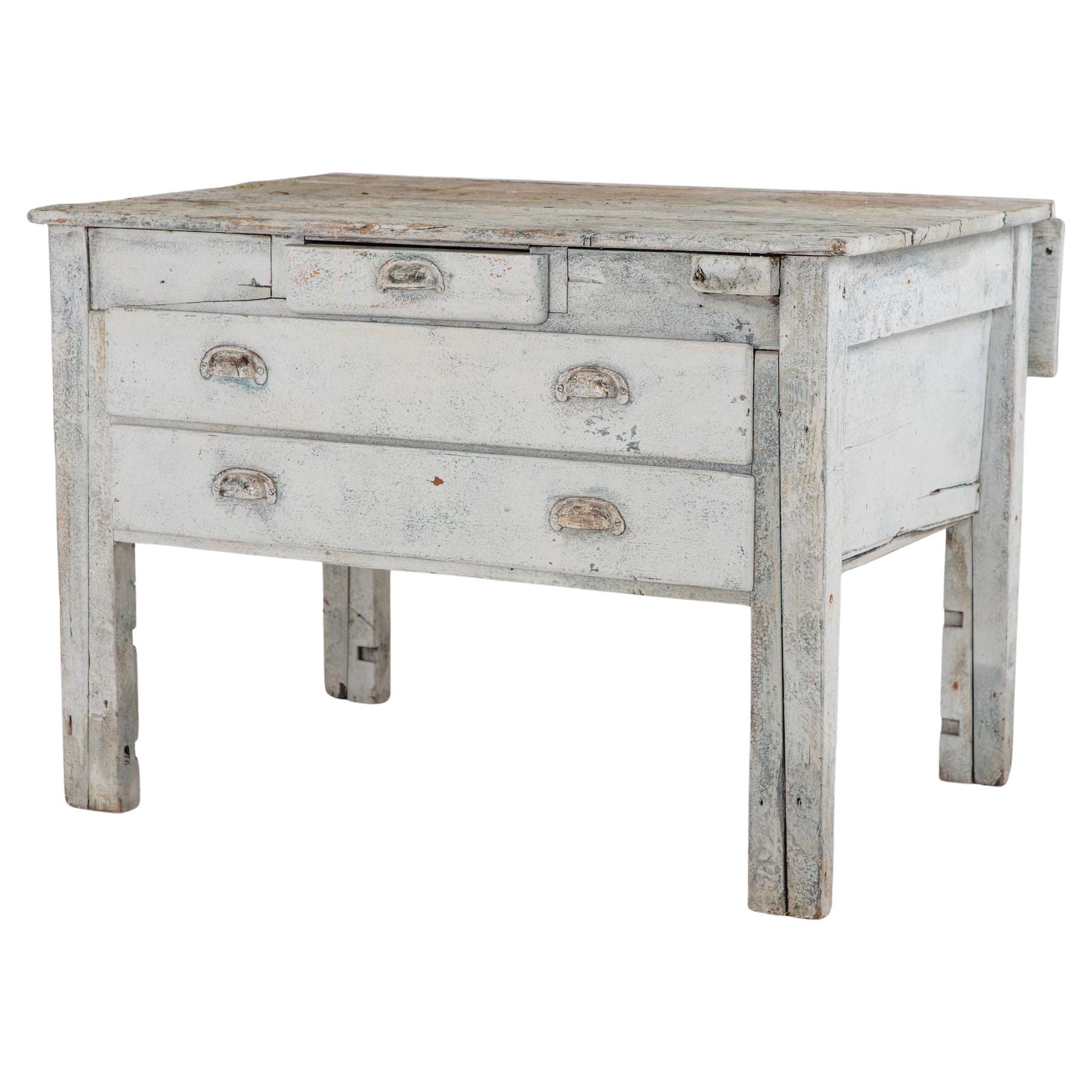 19th Century European Gray Painted Workbench For Sale