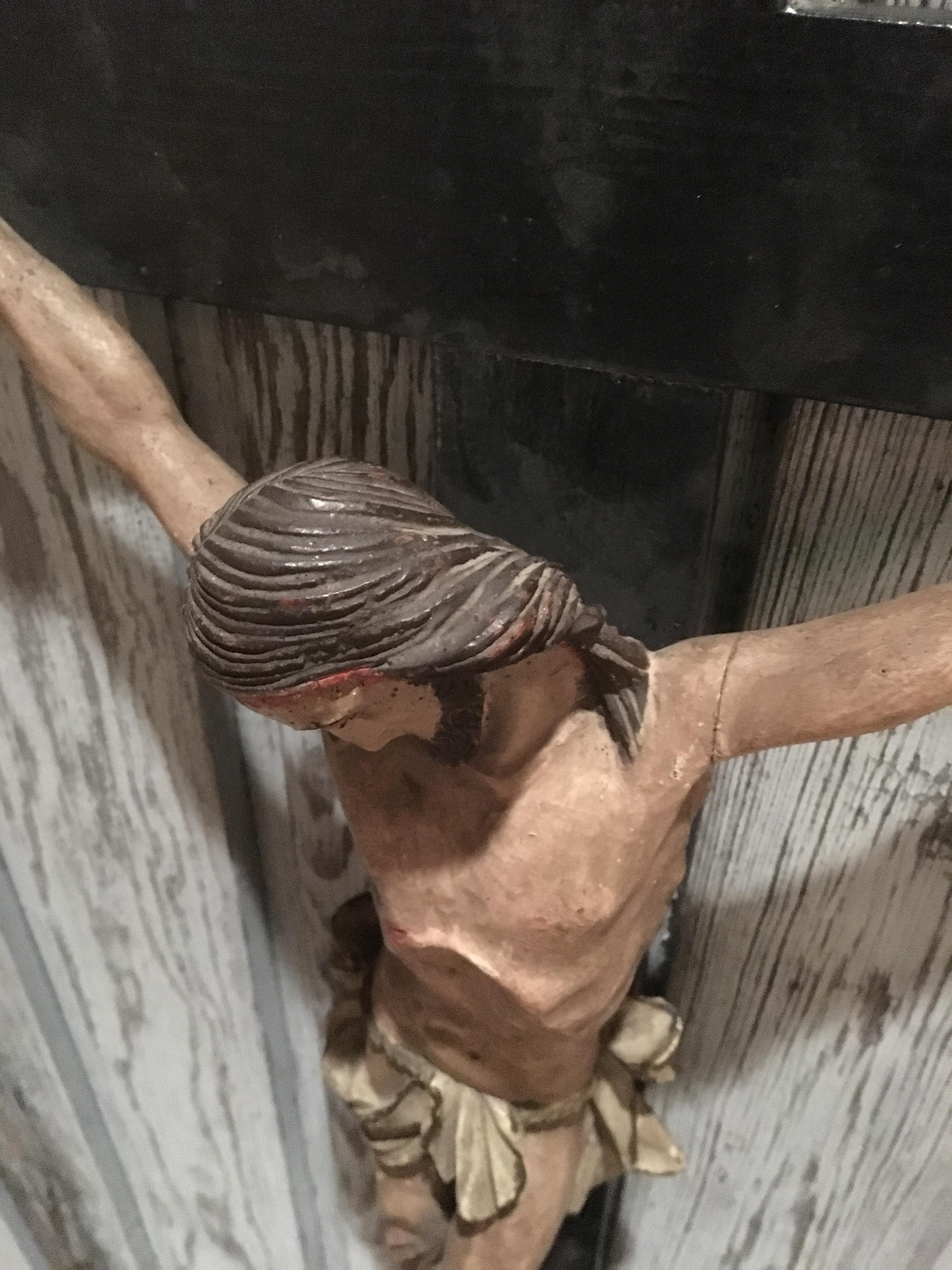 19th Century European Hand Carved and Polychromed Wood Crucifix 3
