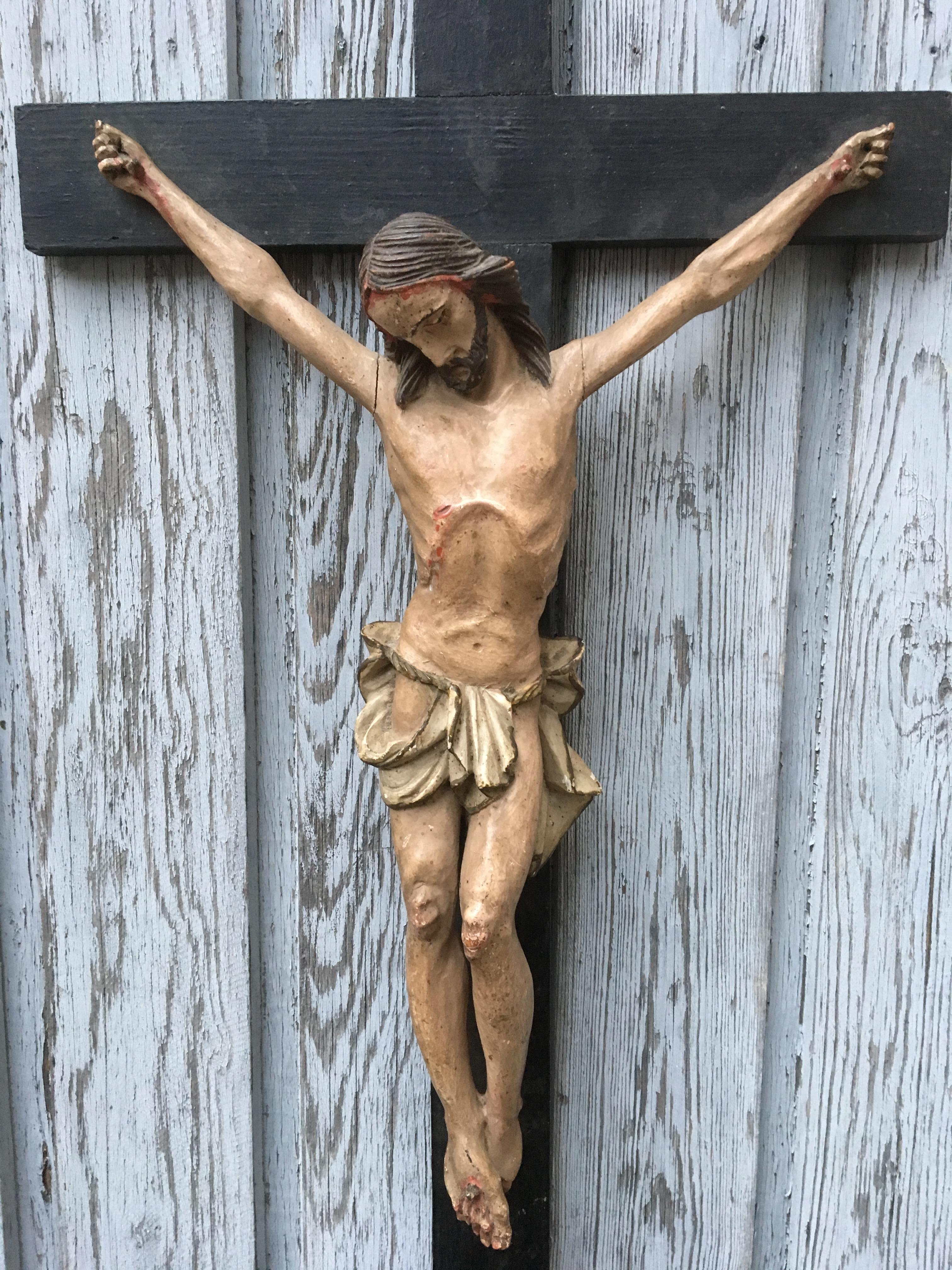 19th Century European Hand Carved and Polychromed Wood Crucifix 6