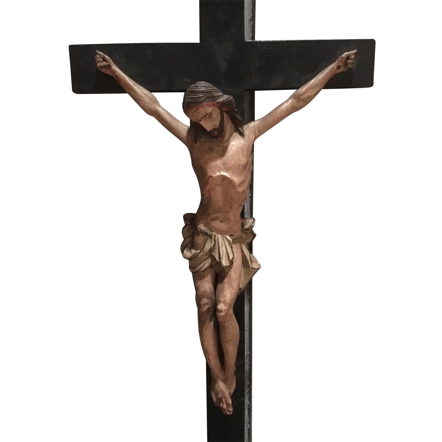 19th century European hand carved and polychromed wood crucifix.
