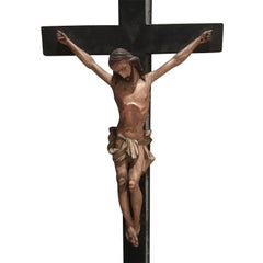 19th Century European Hand Carved and Polychromed Wood Crucifix