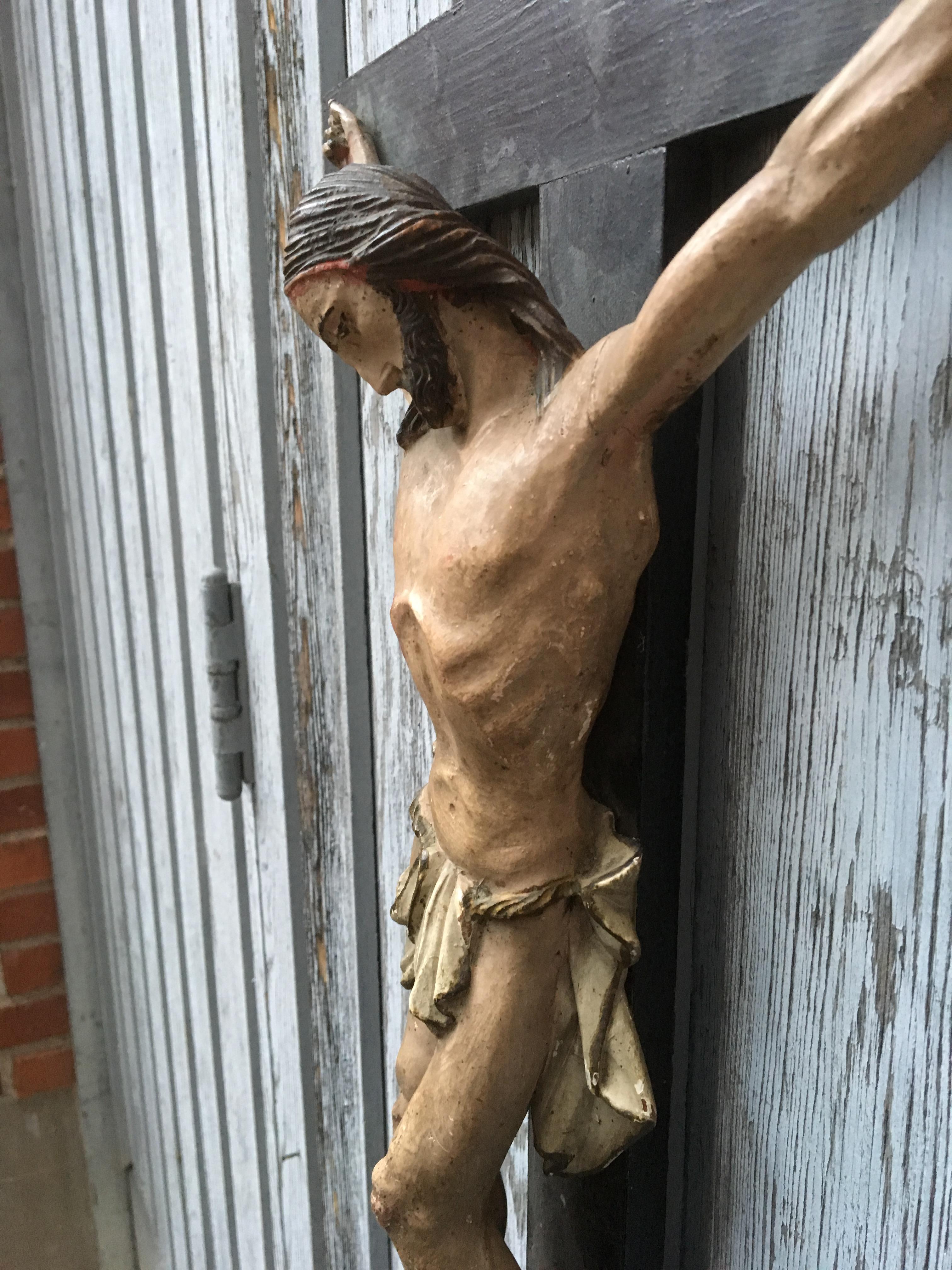 Belgian 19th Century European Hand Carved and Polychromed Wood Crucifix