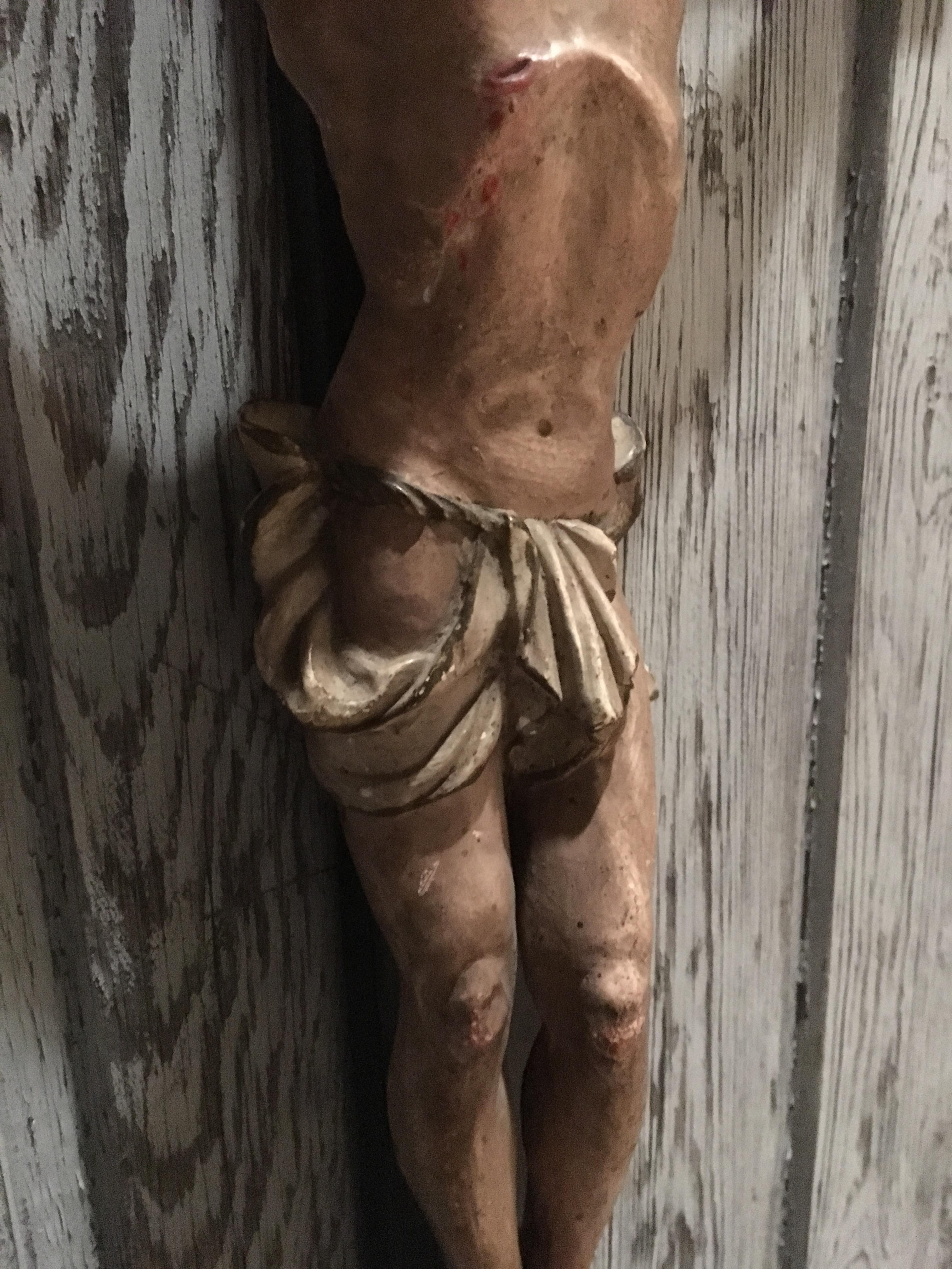 19th Century European Hand Carved and Polychromed Wood Crucifix In Good Condition In Haddonfield, NJ