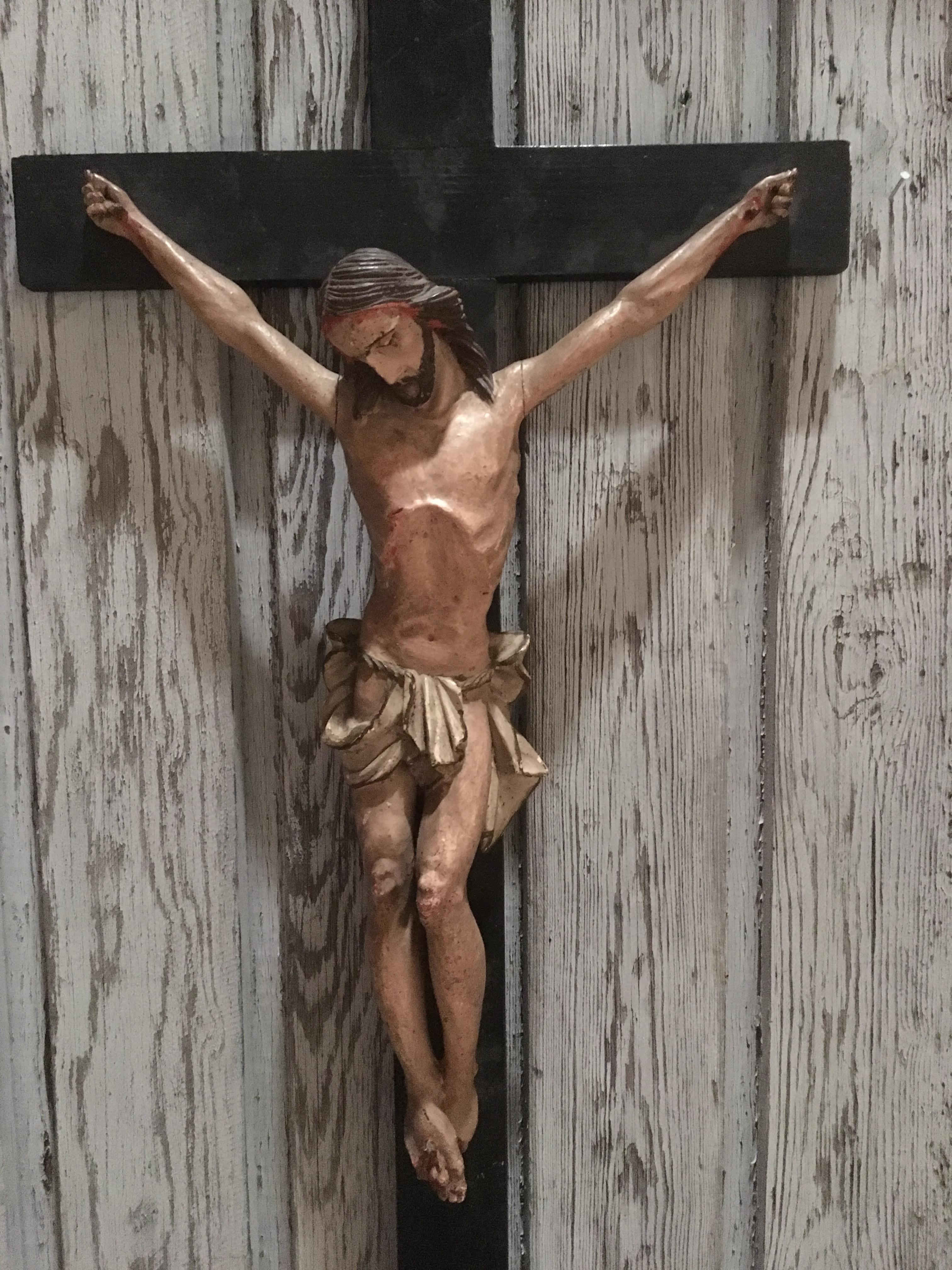 19th Century European Hand Carved and Polychromed Wood Crucifix 1