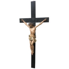 19th Century European Hand Carved and Polychromed Wood Crucifix