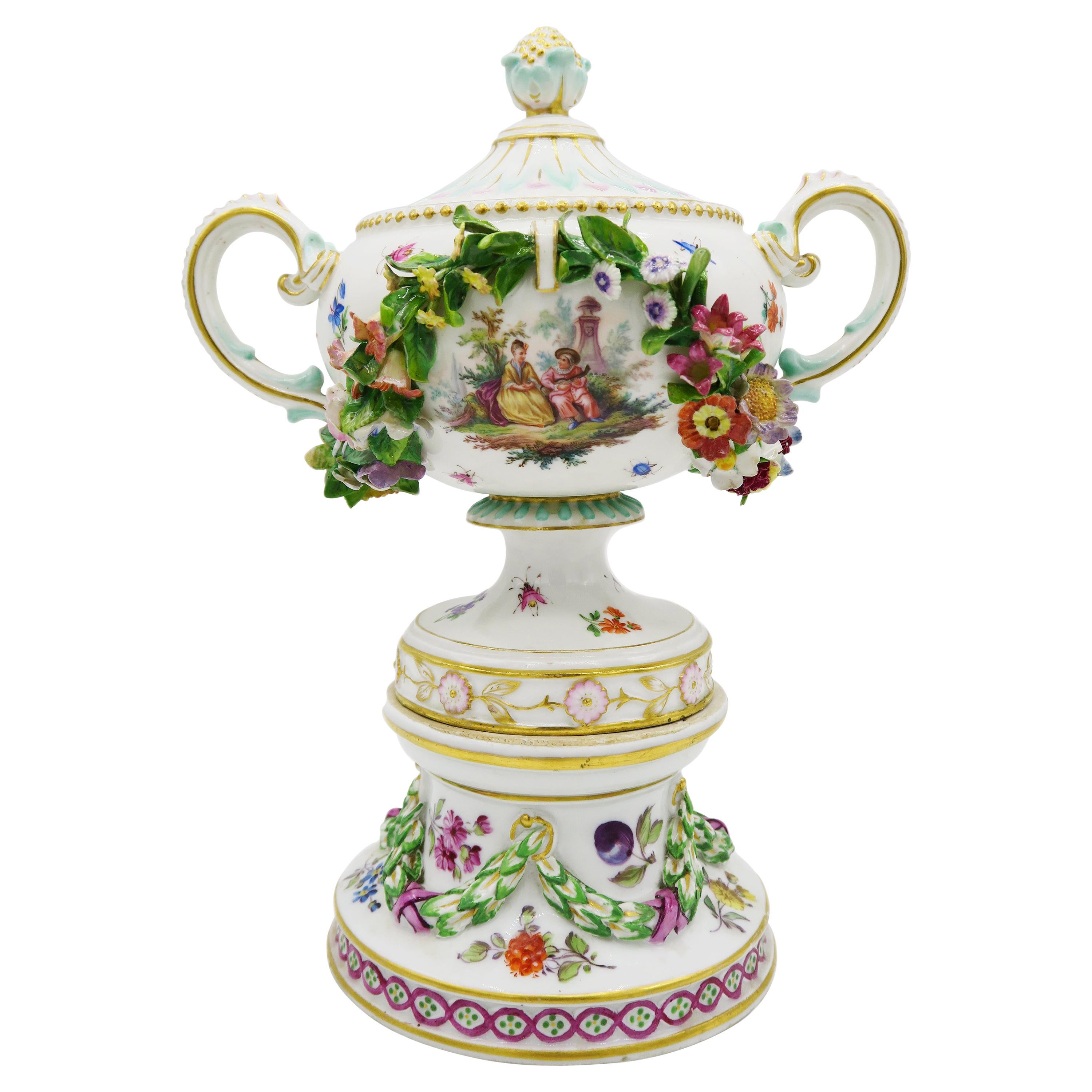 19th Century European Hand Painted White Meissen Porcelain Vase on Pedestal For Sale