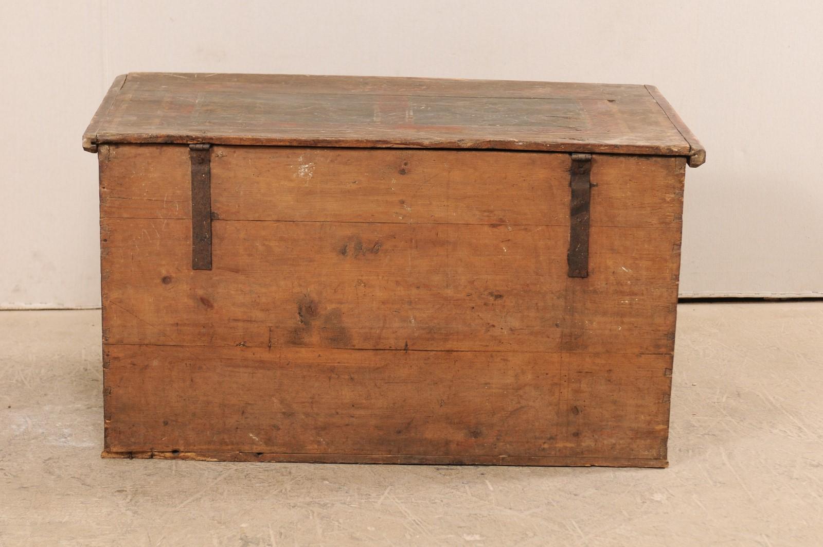 19th Century European Hand Painted Wooden Coffer Trunk For Sale 4