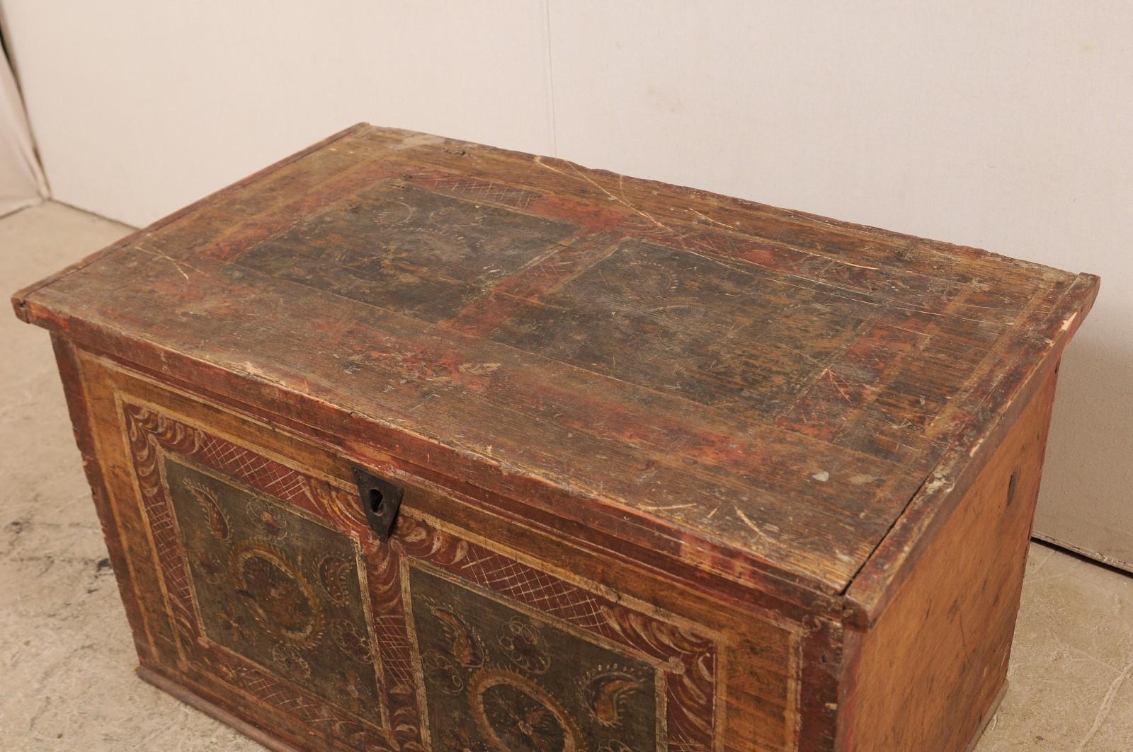 Carved 19th Century European Hand Painted Wooden Coffer Trunk For Sale