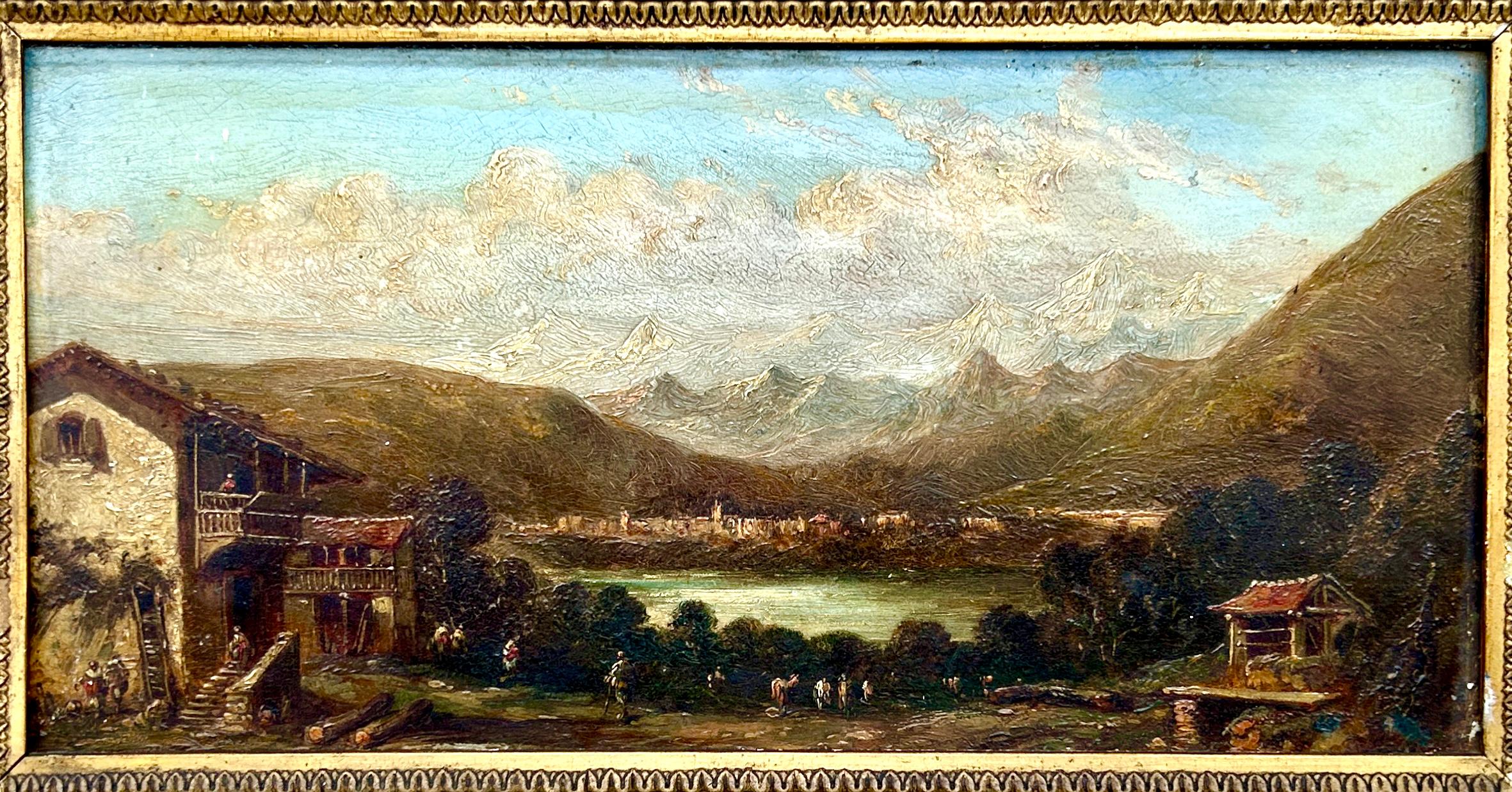 Peinture Huile sur panneau, paysage de montagne européen du 19e siècle en vente