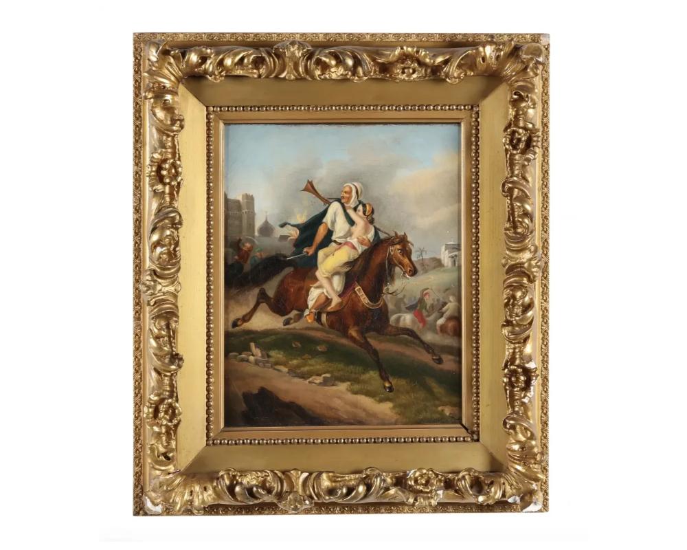 19th Century European Orientalist Painting of Arab on Horse Rescuing a Princess

oil on canvas, unsigned, presented in an ornate gilt composition frame that has some minor losses to parts of the frame

Stretcher size 13 1/2 x 11 3/8 in; 
Frame