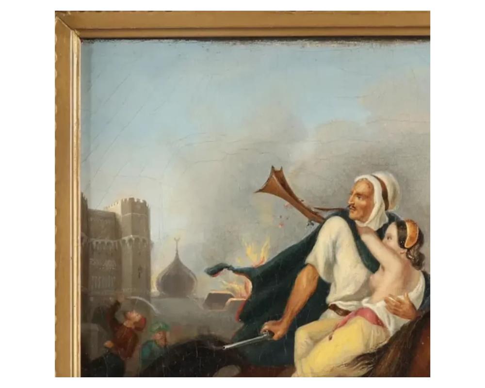 Unknown 19th Century European Orientalist Painting of Arab on Horse Rescuing a Princess For Sale