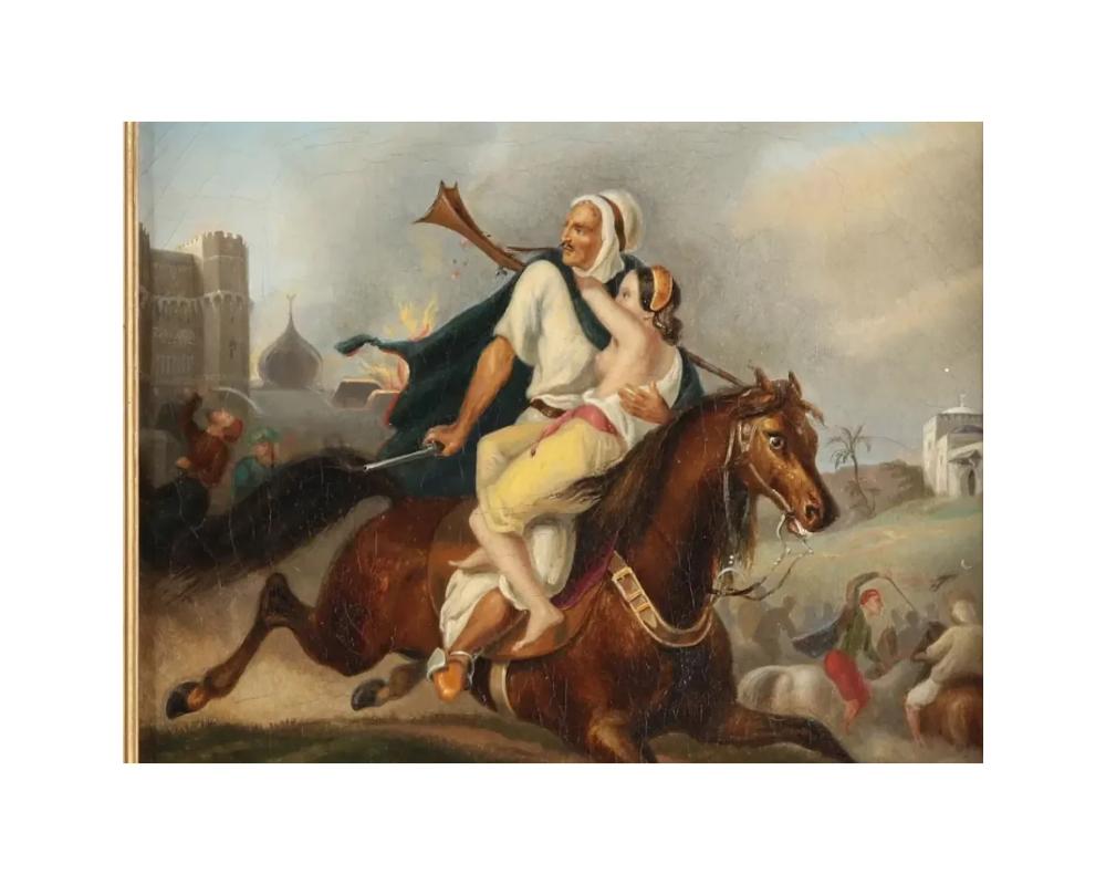 19th Century European Orientalist Painting of Arab on Horse Rescuing a Princess In Good Condition For Sale In New York, NY