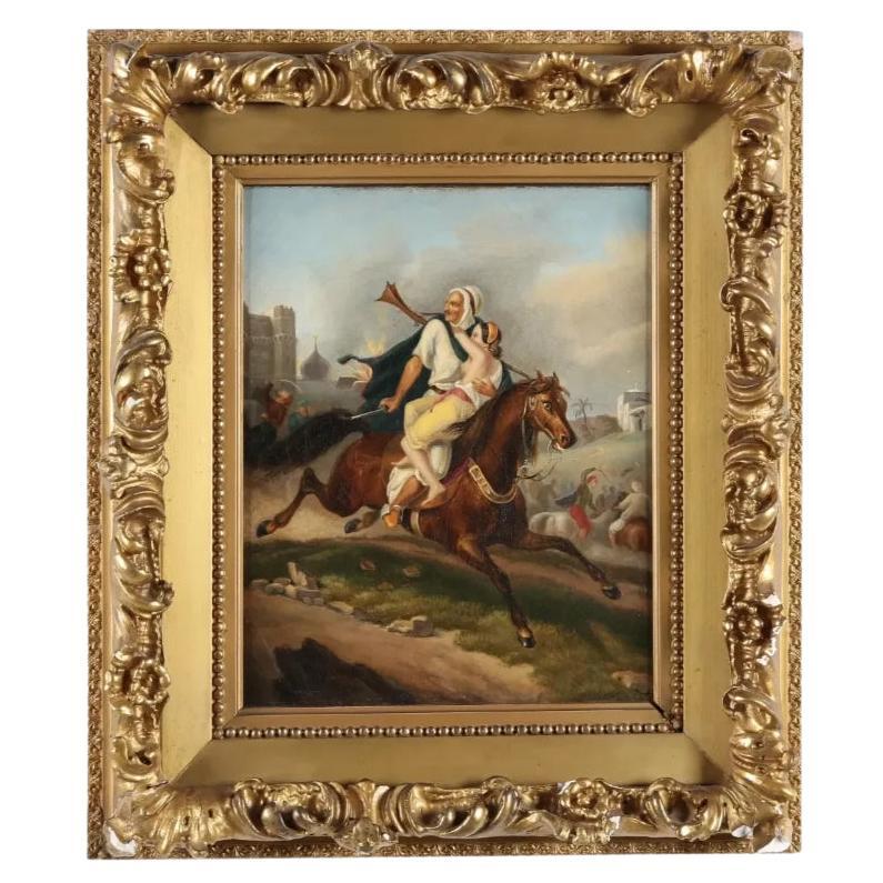 Peinture orientaliste européenne du XIXe siècle représentant un Arabe à cheval sauvant une Princesse