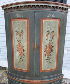 19th Century European Paint Decorated Two Part Bow Front Corner Cupboard
