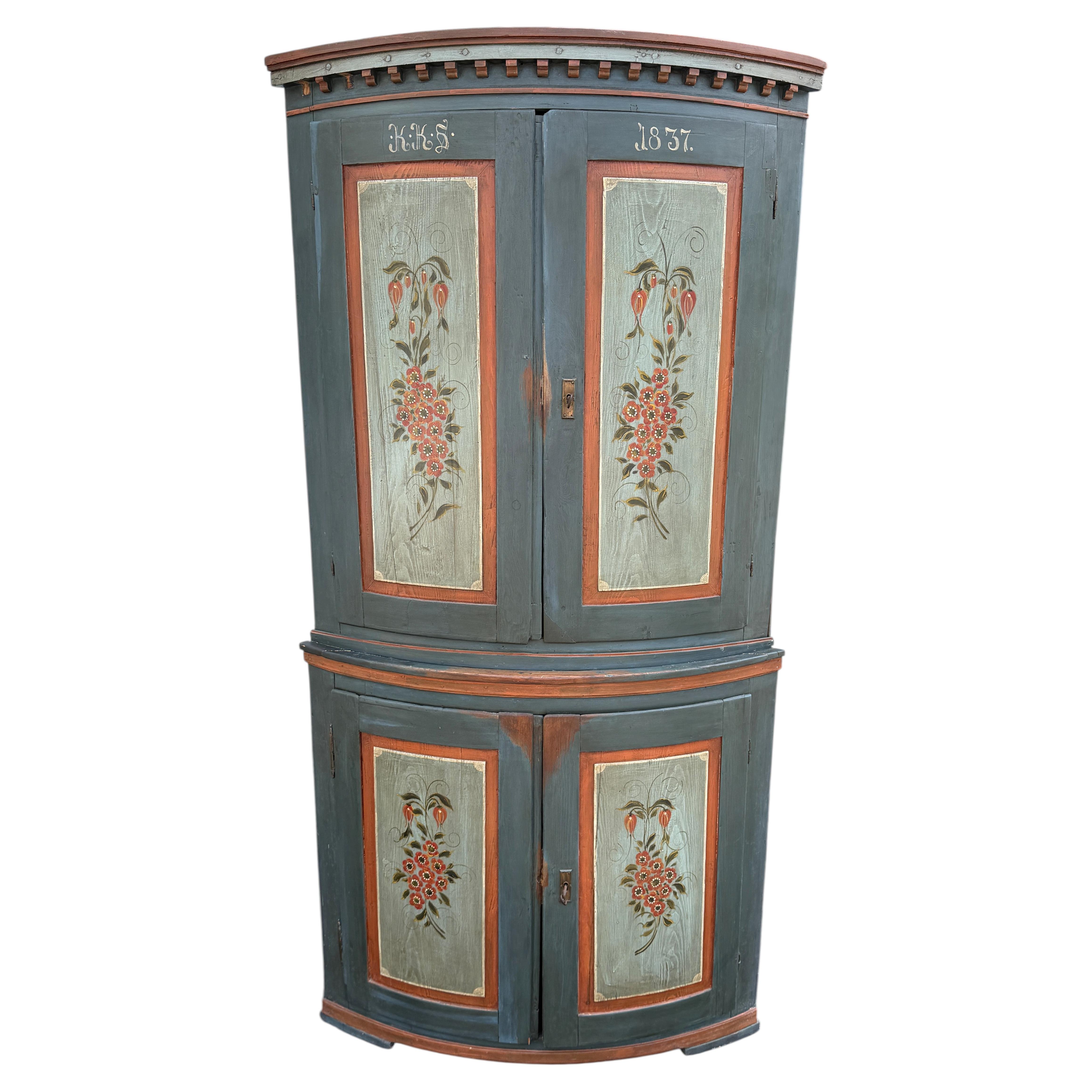 19th Century European Paint Decorated Two Part Bow Front Corner Cupboard