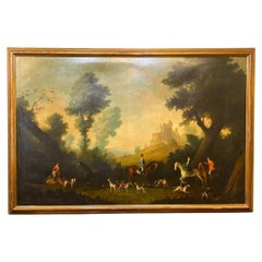 19th Century European School Oil on Canvas Painting of Hunt in Front of Chateau