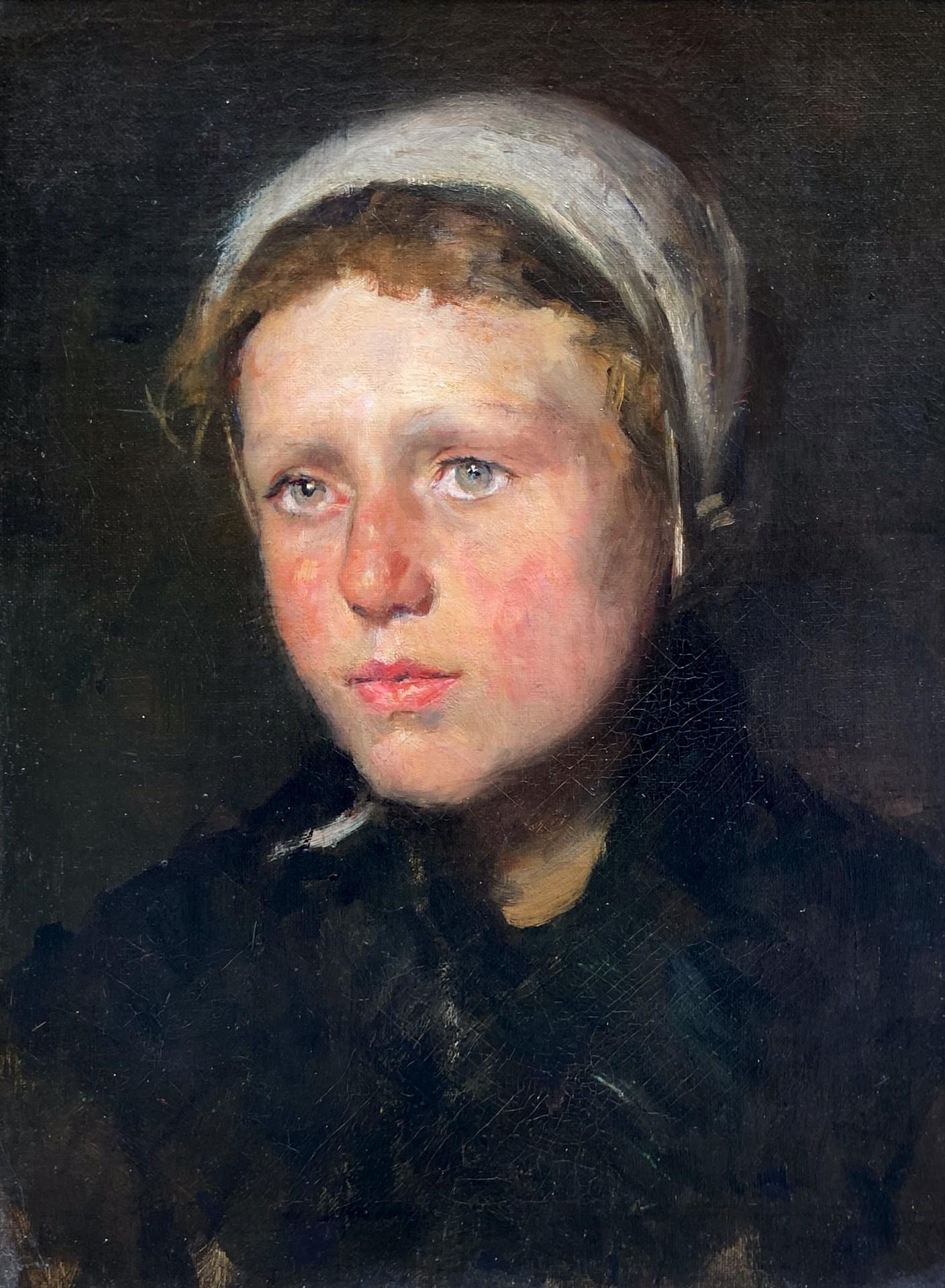 19th Century European School Portrait Painting – Porträt eines bäuerlichen Mädchens, englisches Ölgemälde, 19. Jahrhundert