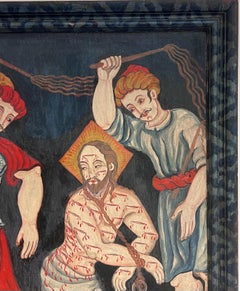 The Flagellation of Christ Antique Oil on Wood Panel Painting