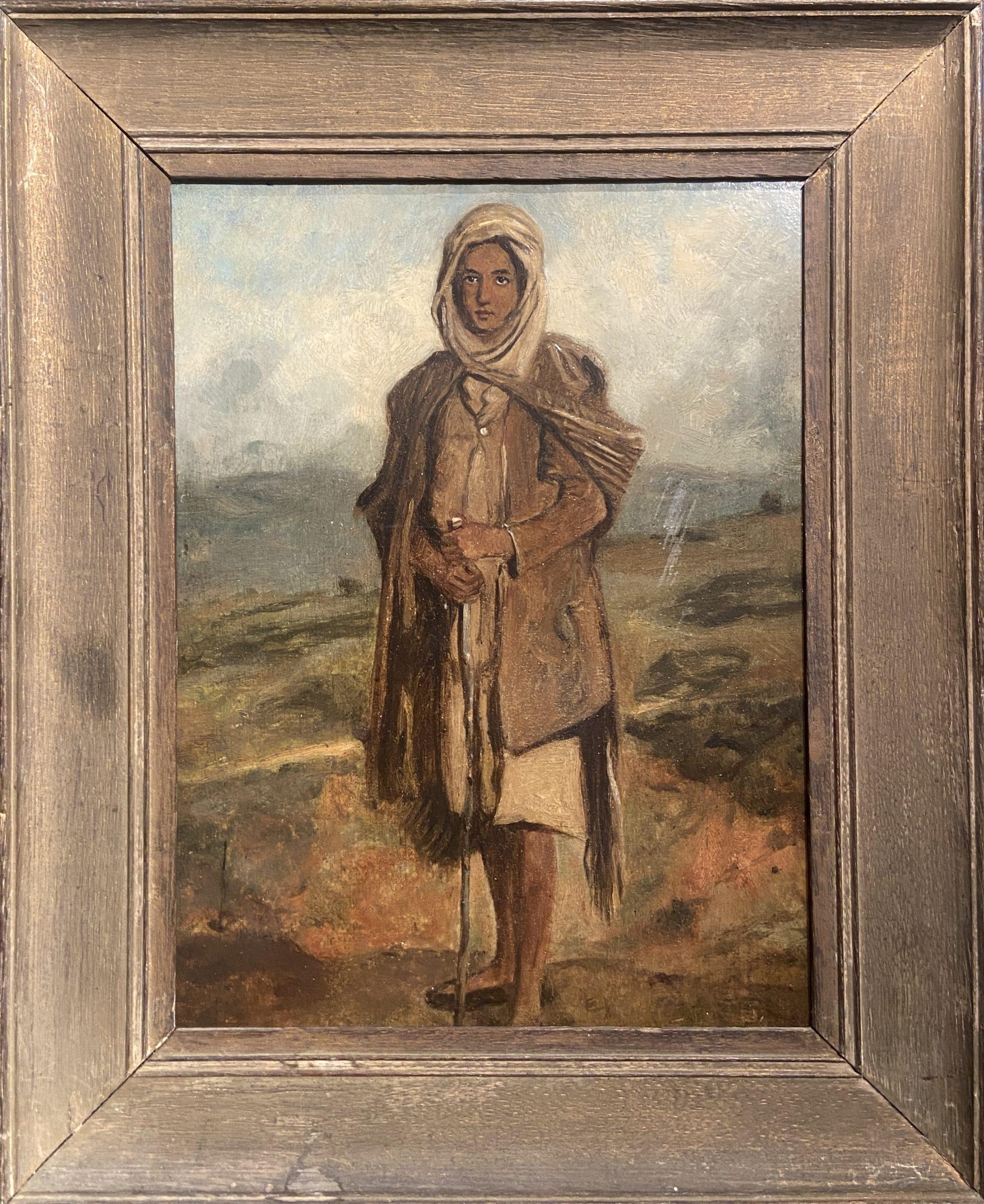 Oil on panel
Image size: 12 1/2 x 9 1/4 inches (31.75 x 23.5 cm)
Original frame

This is a captivating portrait of a young woman who we appears to be a traveller. The painting has a sensitive and cohesive colour pallet where the subject and the