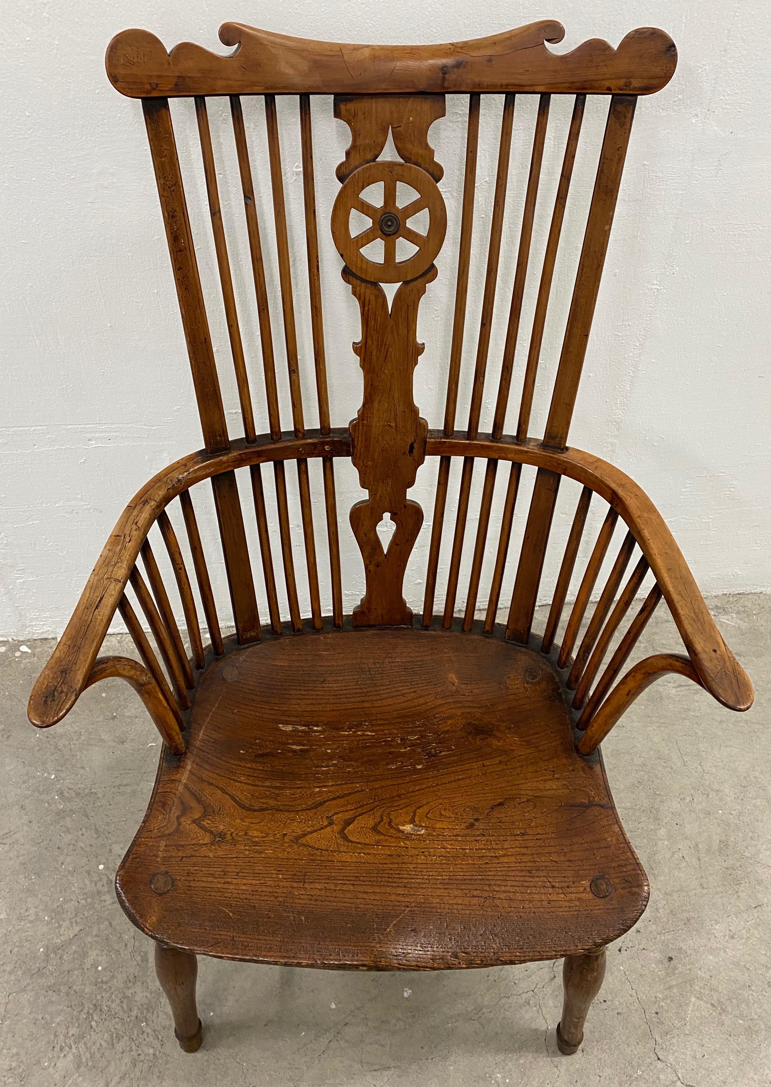Hand-Crafted 19th Century European Yew Wood High Back Windsor Armchair For Sale