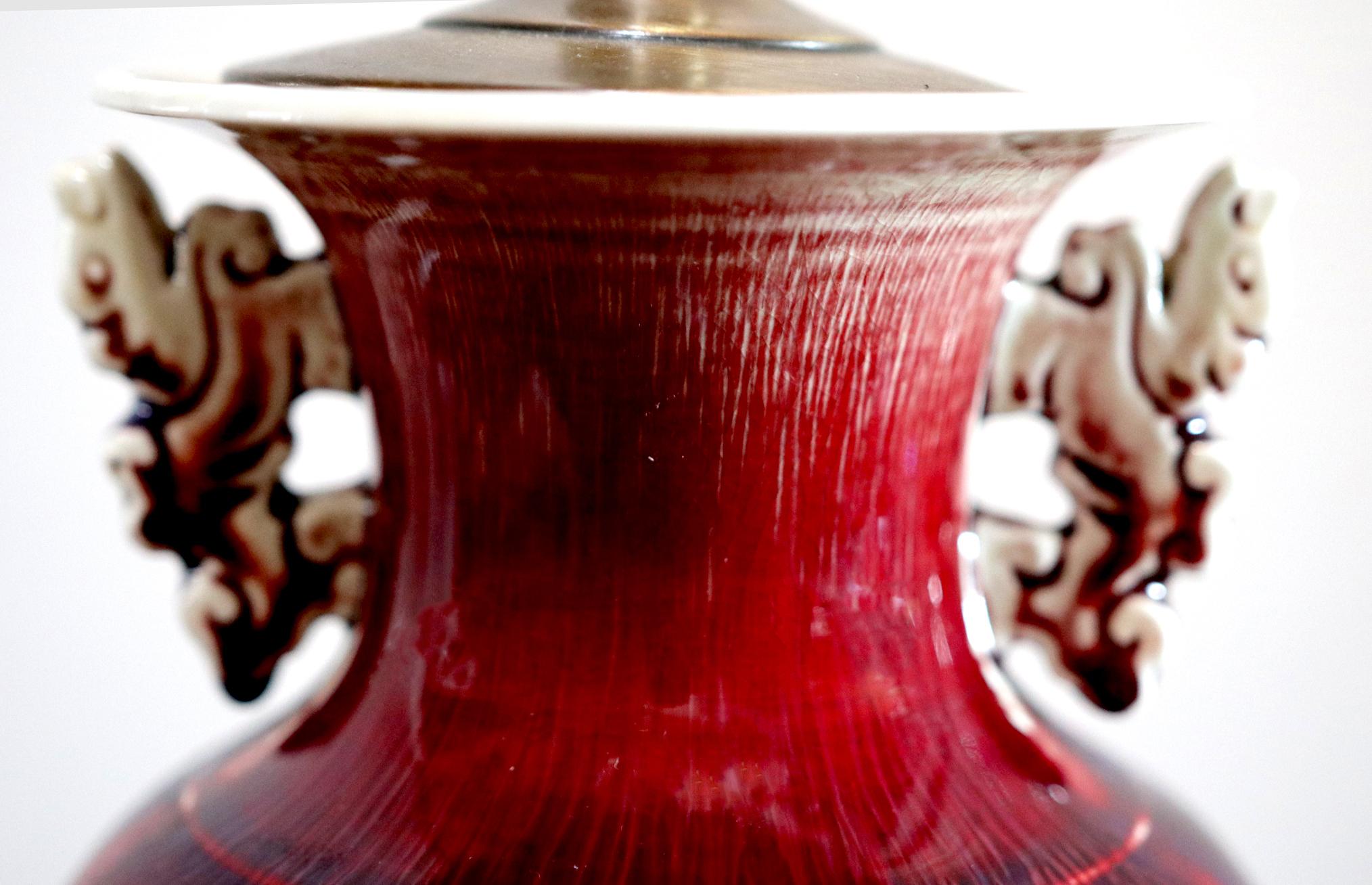 Chinese 19th Century Exceptional Sang de Boeuf Ox Blood Table Lamp, Decorative Handles For Sale