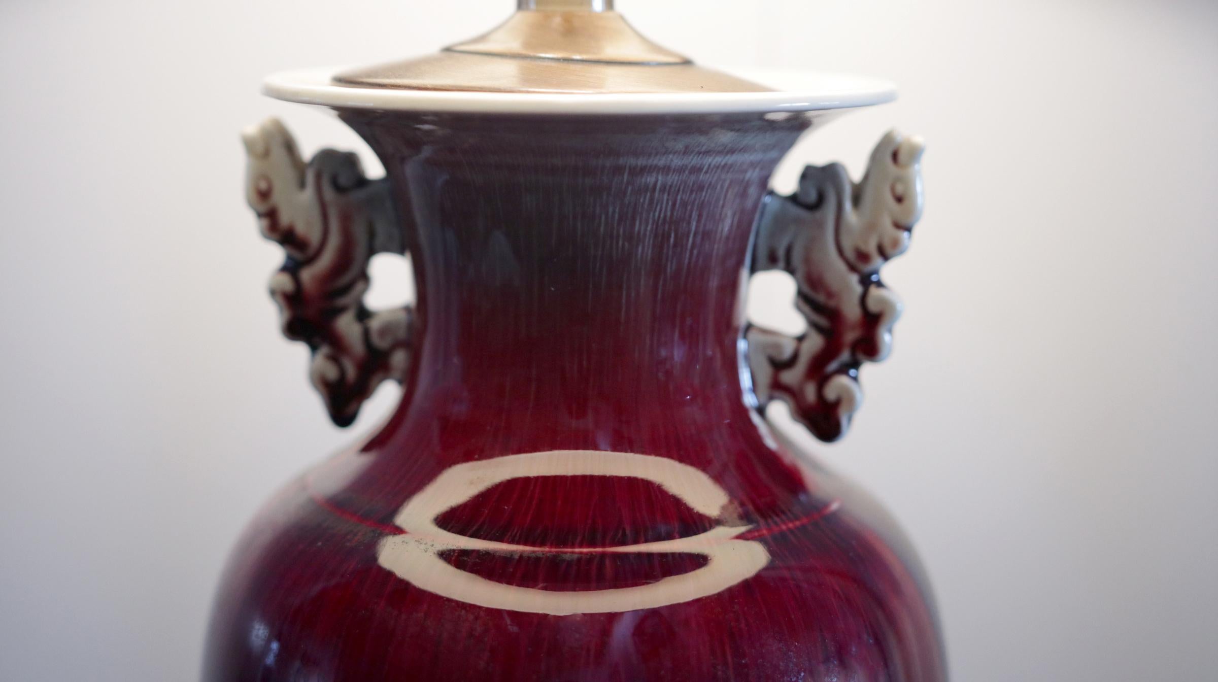 Fired 19th Century Exceptional Sang de Boeuf Ox Blood Table Lamp, Decorative Handles For Sale