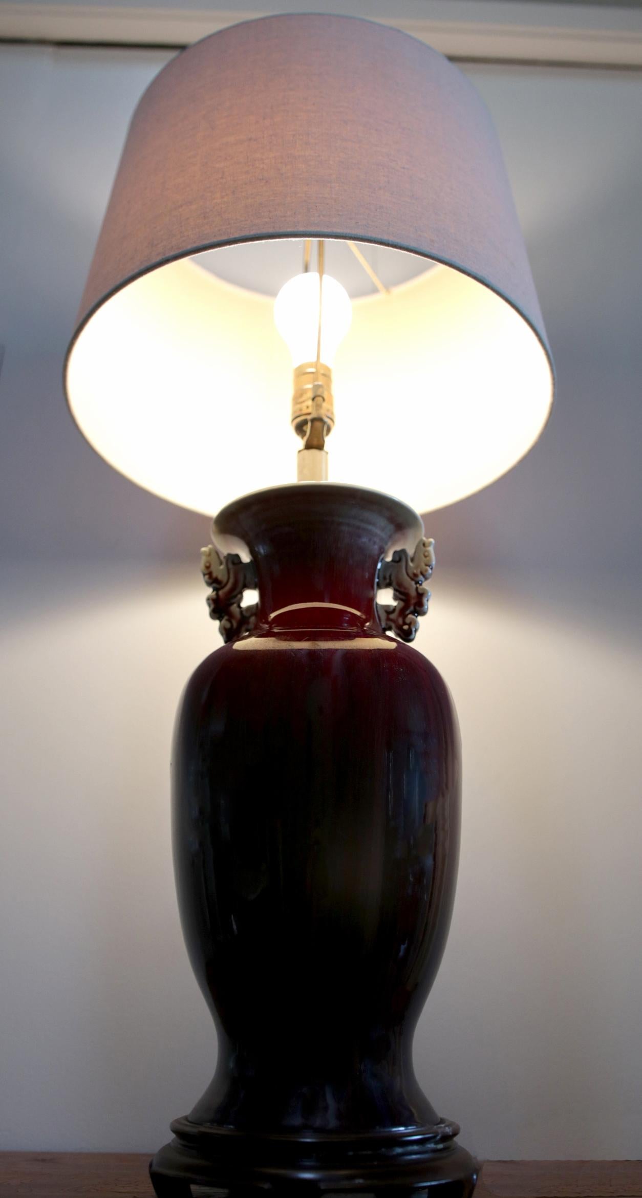 Ceramic 19th Century Exceptional Sang de Boeuf Ox Blood Table Lamp, Decorative Handles For Sale