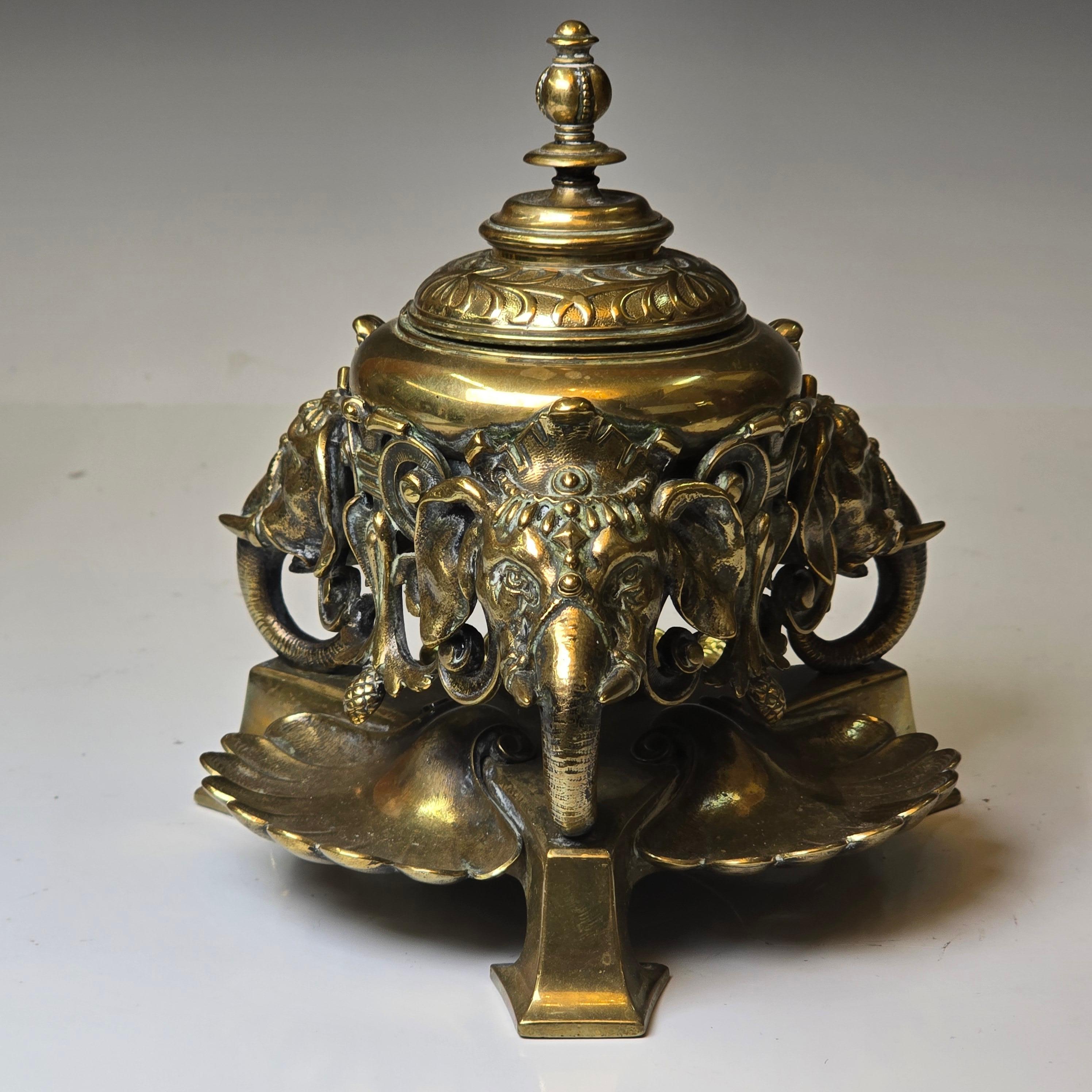 A beautiful polished bronze elephant inkwell which clearly exhibits the late 19th Century fascination with the exotic. Similar to Orientalist subjects in the nineteenth-century, exoticism in the decorative arts and interior design was linked with