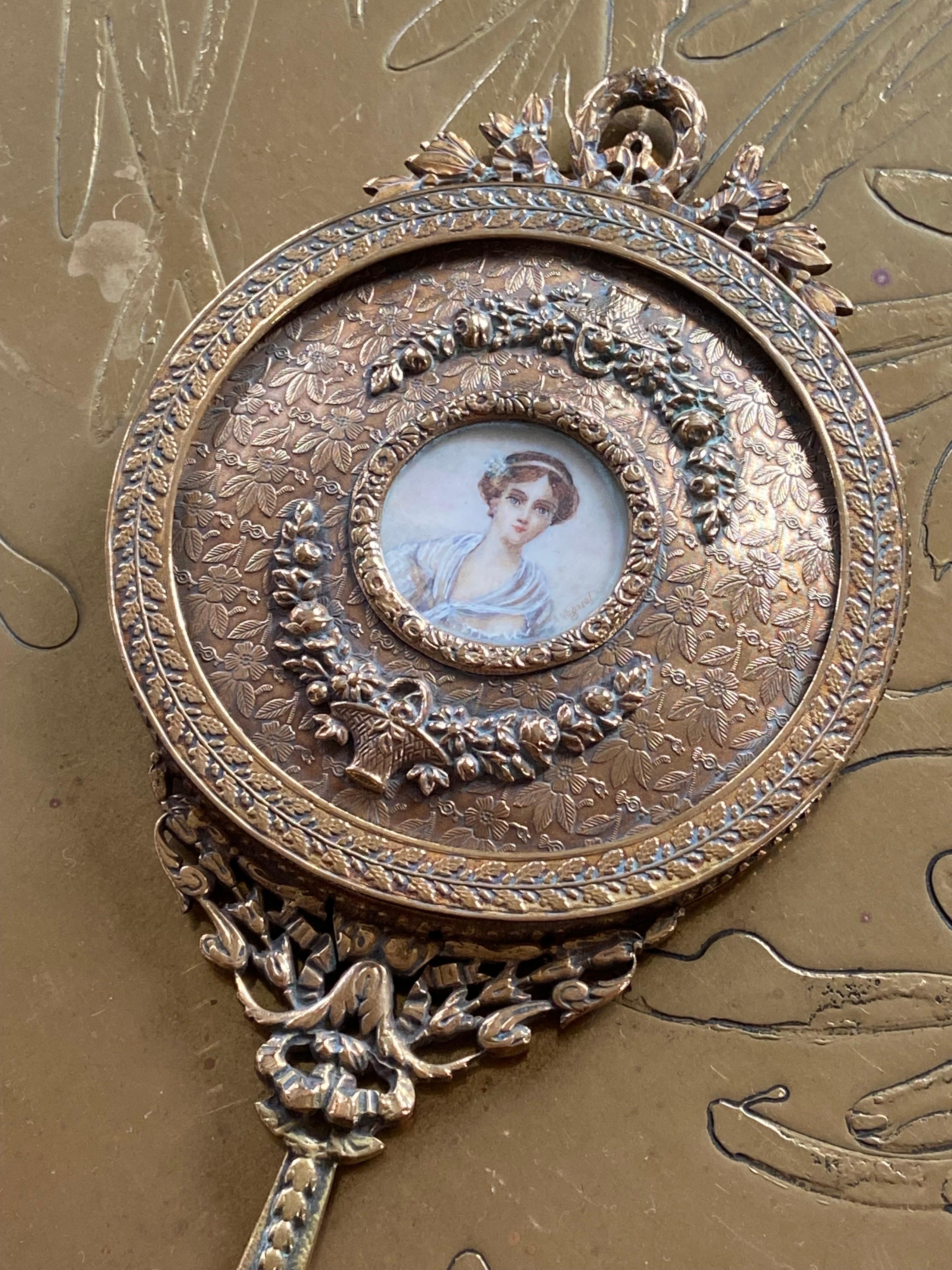 19th Century Extraordinary French Hand Mirror in Engraved Metal Louis XVI Style In Good Condition For Sale In Sofia, BG