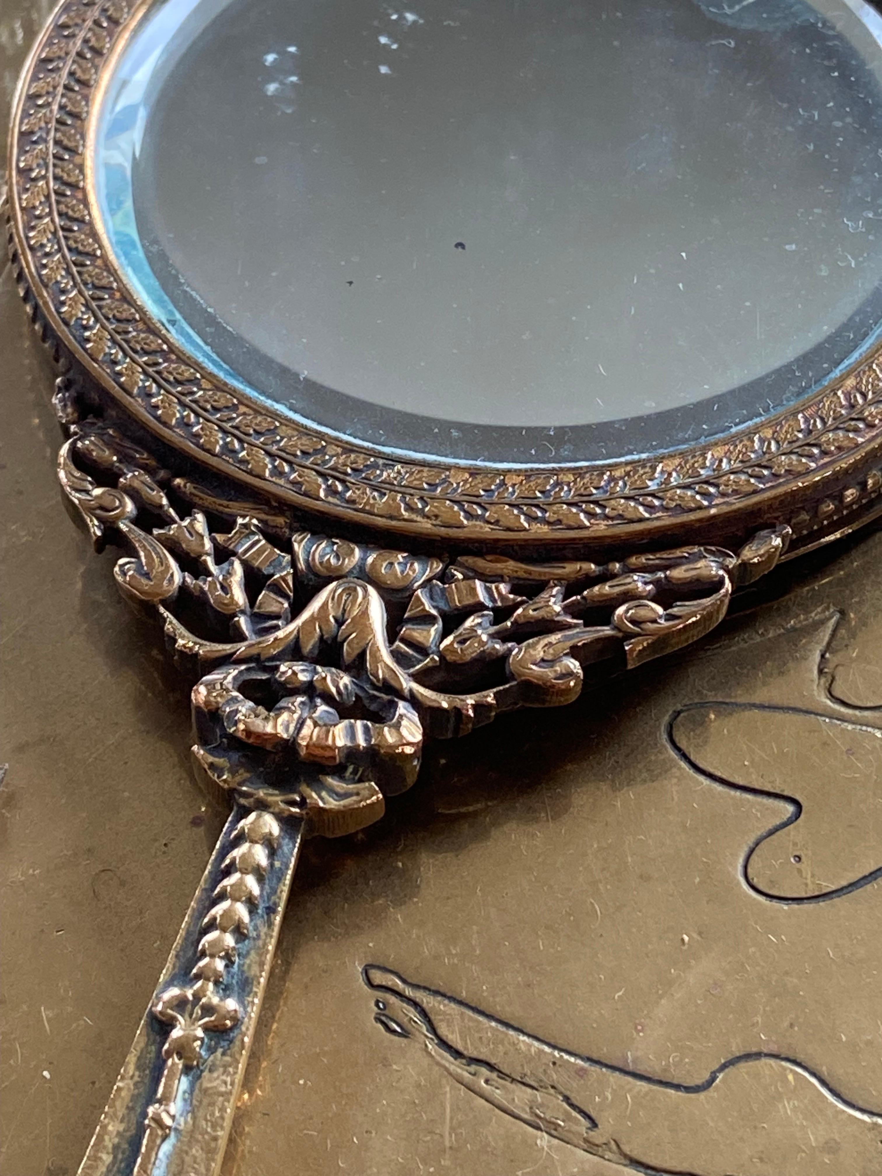 19th Century Extraordinary French Hand Mirror in Engraved Metal Louis XVI Style For Sale 1