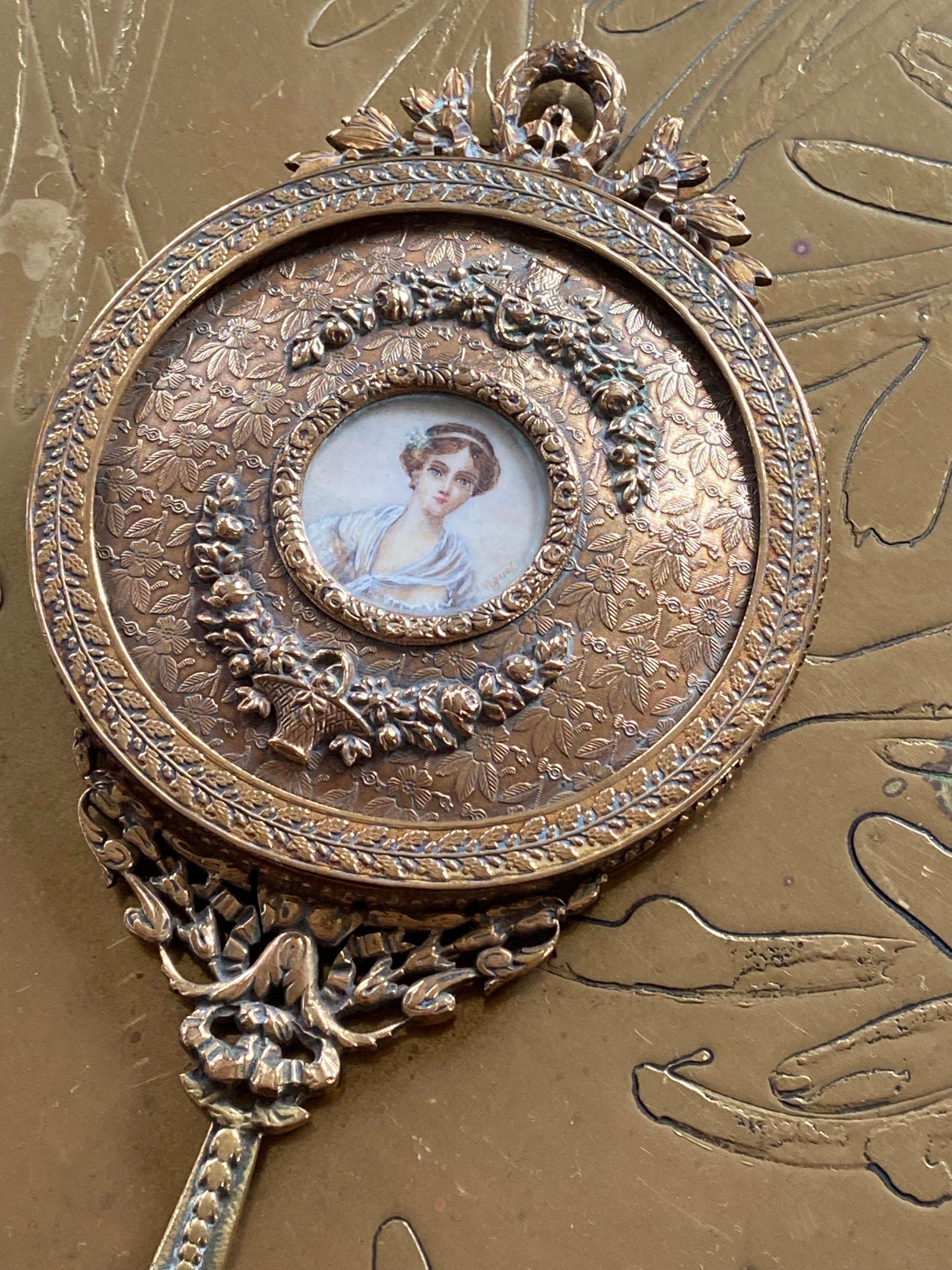 19th Century Extraordinary French Hand Mirror in Engraved Metal Louis XVI Style For Sale 2