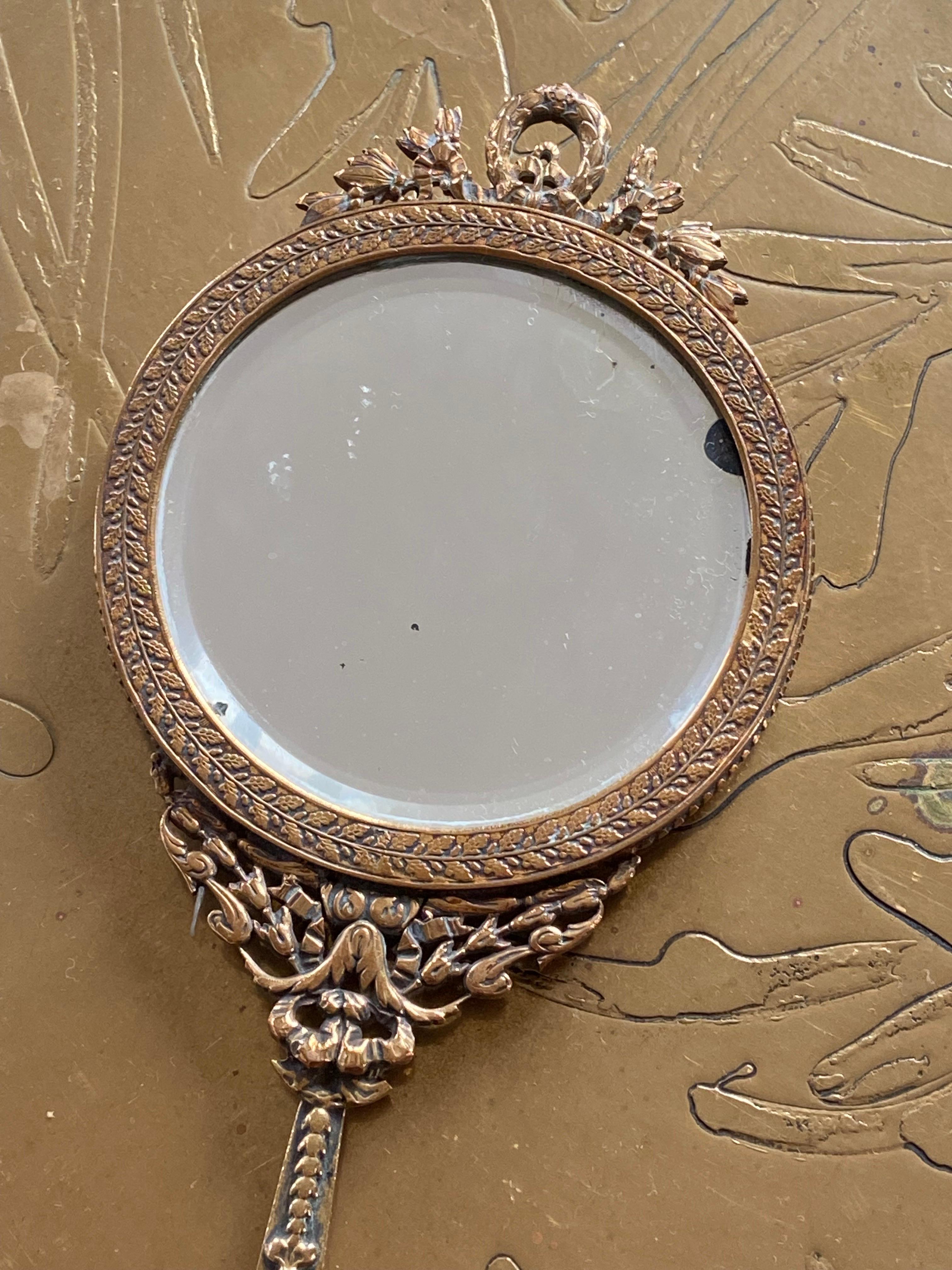 19th Century Extraordinary French Hand Mirror in Engraved Metal Louis XVI Style For Sale 4