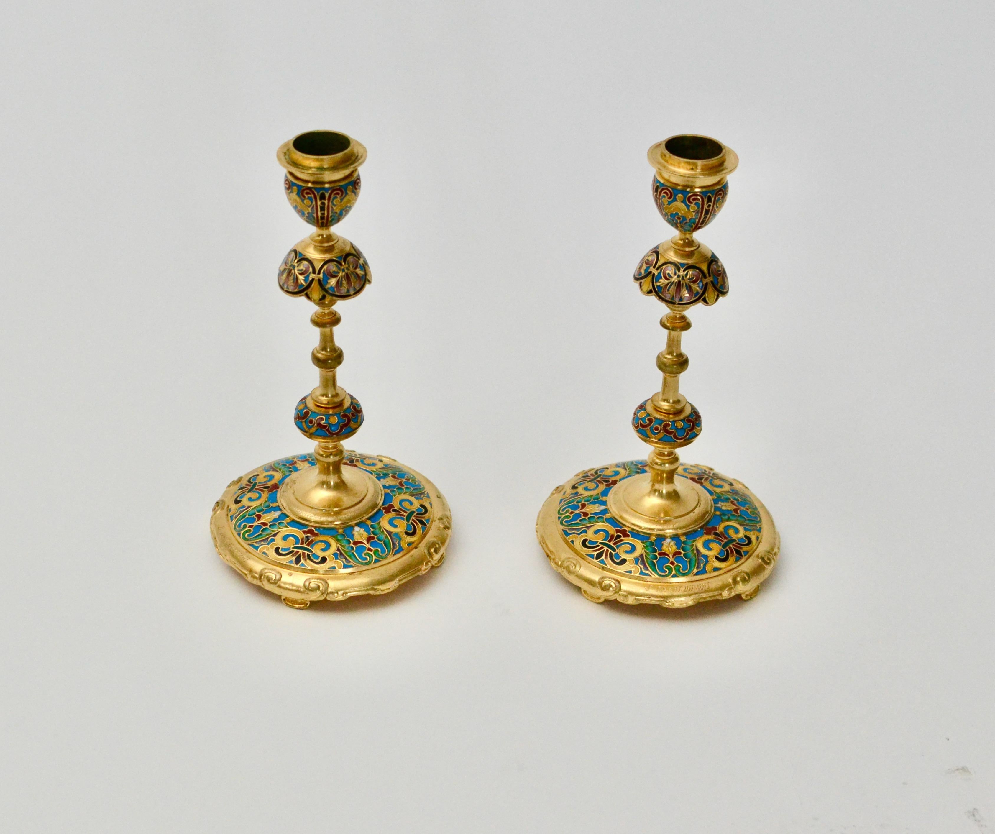 Chinoiserie 19th Century F. Barbedienne Bronze Champlevé Enamel Candlesticks  For Sale