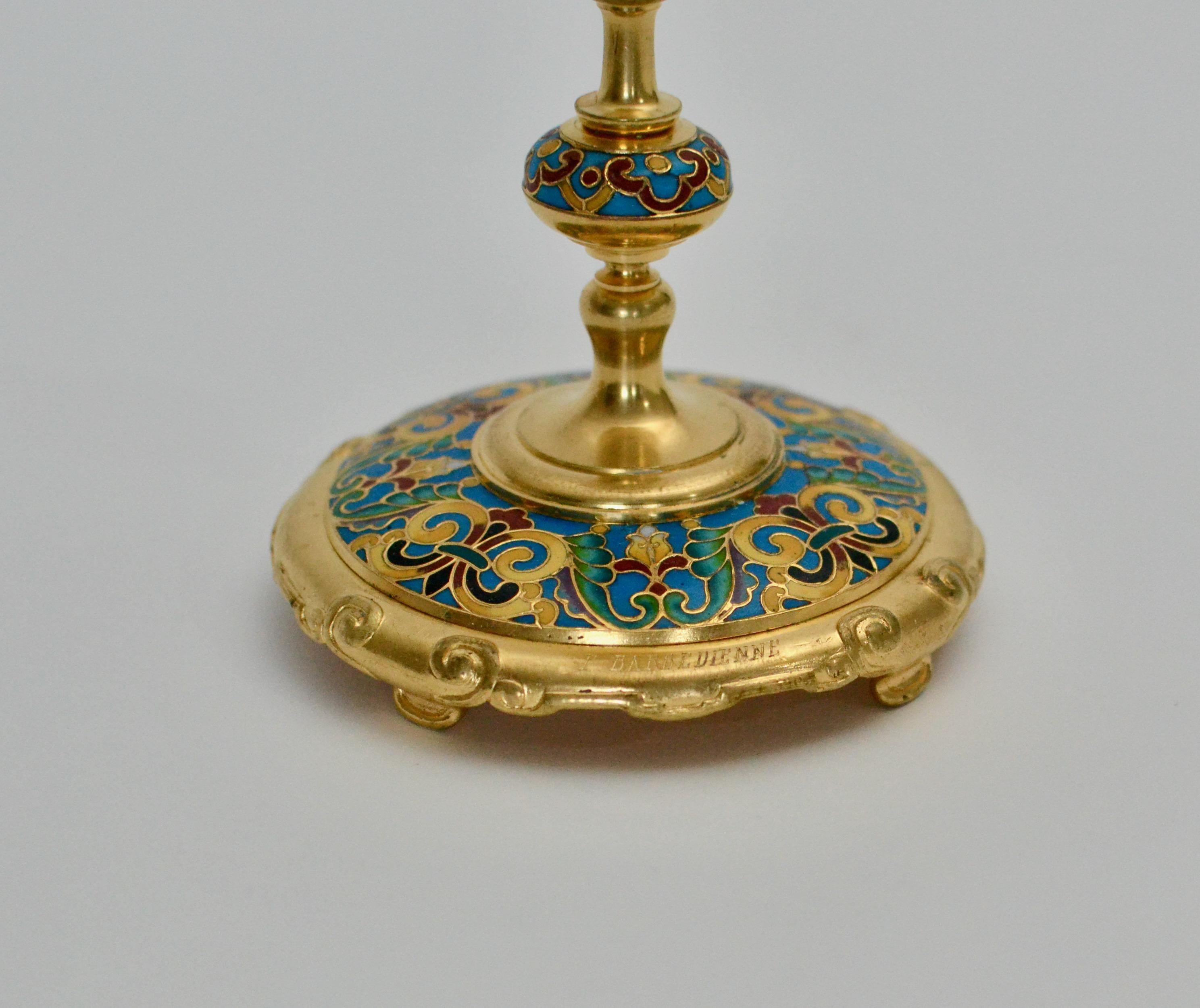Late 19th Century 19th Century F. Barbedienne Bronze Champlevé Enamel Candlesticks  For Sale