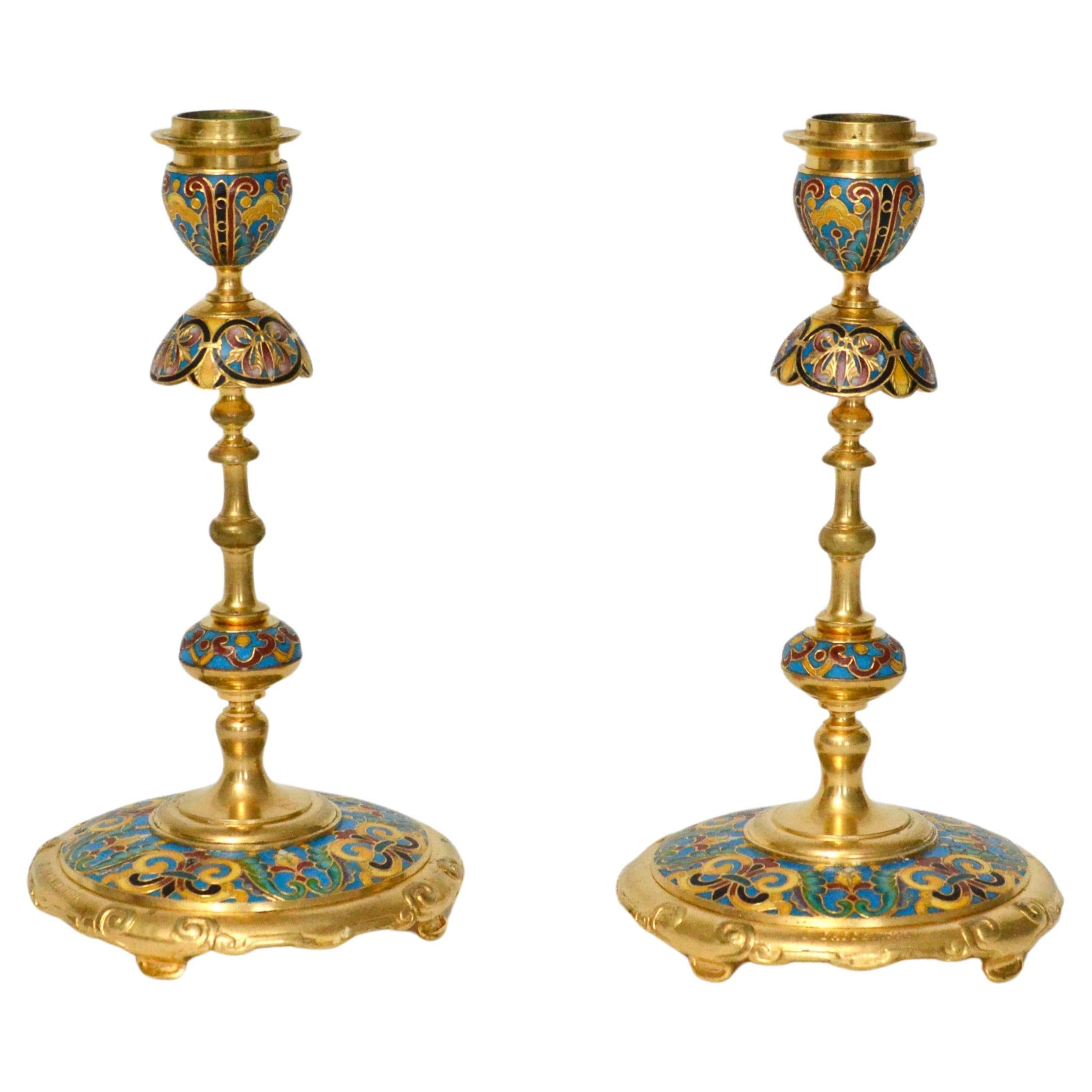 19th Century F. Barbedienne Bronze Champlevé Enamel Candlesticks  For Sale