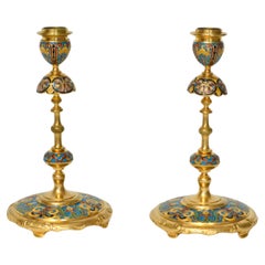19th Century F. Barbedienne Bronze Champlevé Enamel Candlesticks 